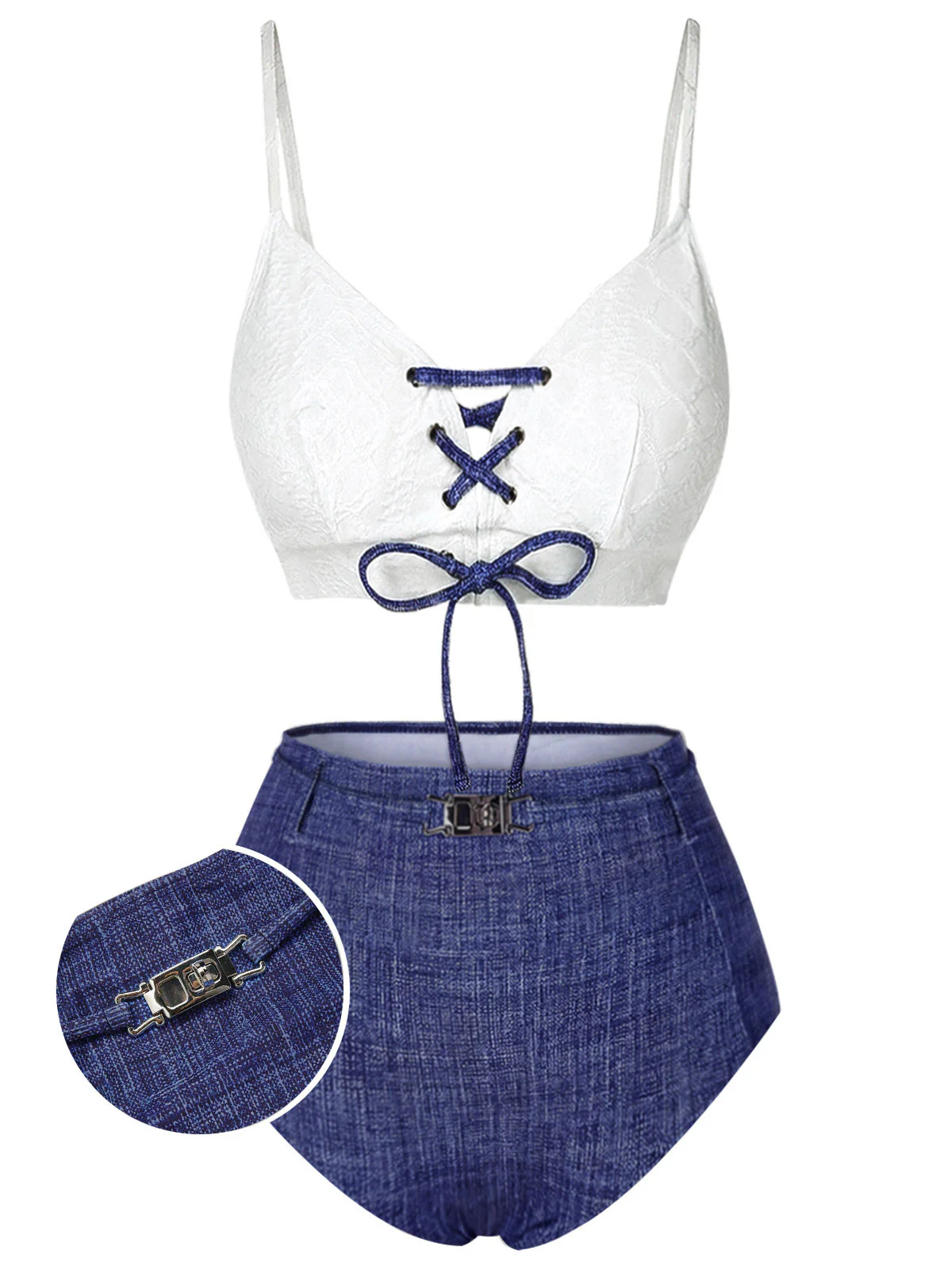Blue 1940s Lace-Up Halter Faux Denim Bikini Set - Image 2