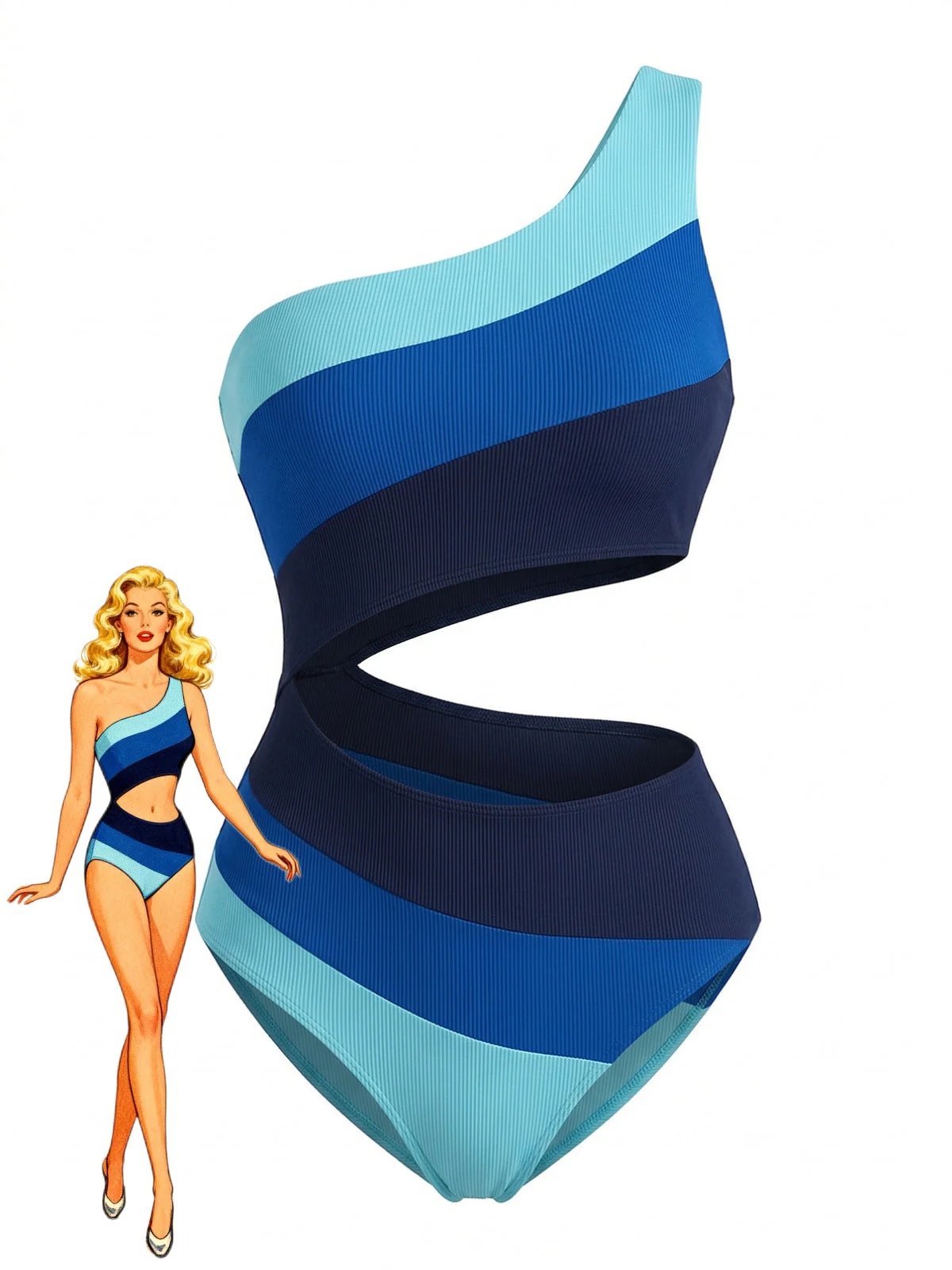 Blue 1940s One-Shoulder Striped Colorblock One-Piece Swimsuit