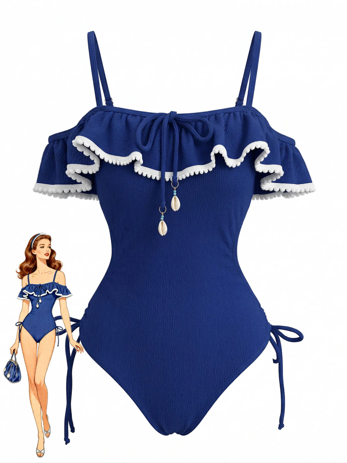 Blue 1940s Seashell Pendant Ruffle One-Piece Swimsuit