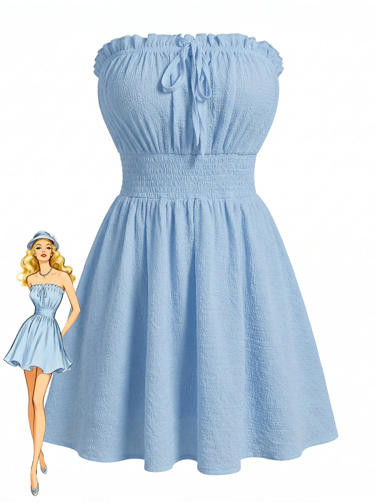 Blue 1940s Solid Strapless Mini Dress