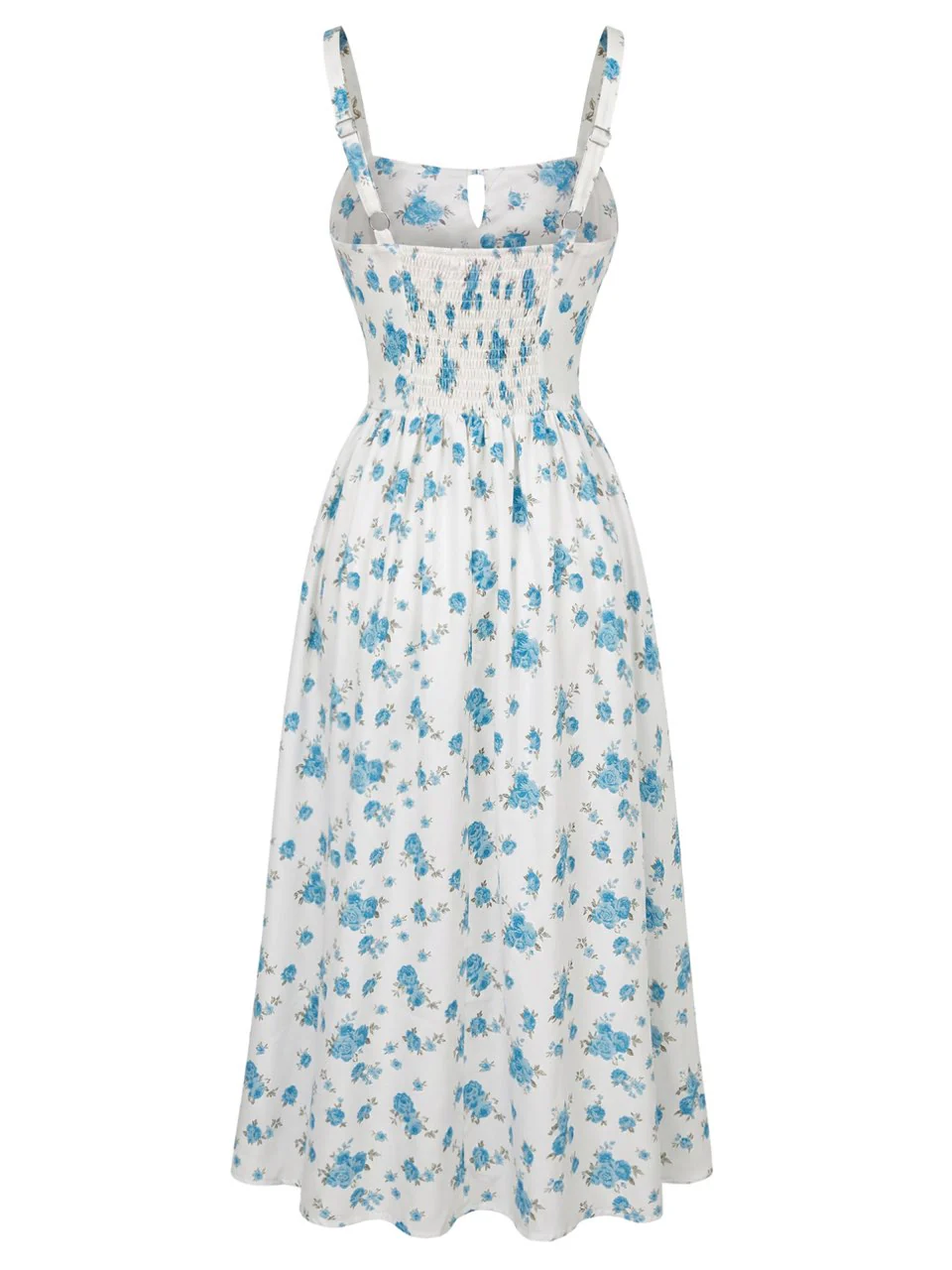 Blue 1940s Square Neck Ditsy Floral Tie Front Dress - Image 3