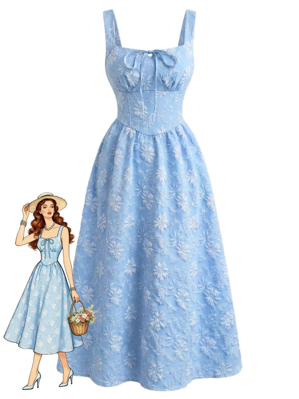 Blue 1940s Square Neck Empire Waist Jacquard Smocked Dress