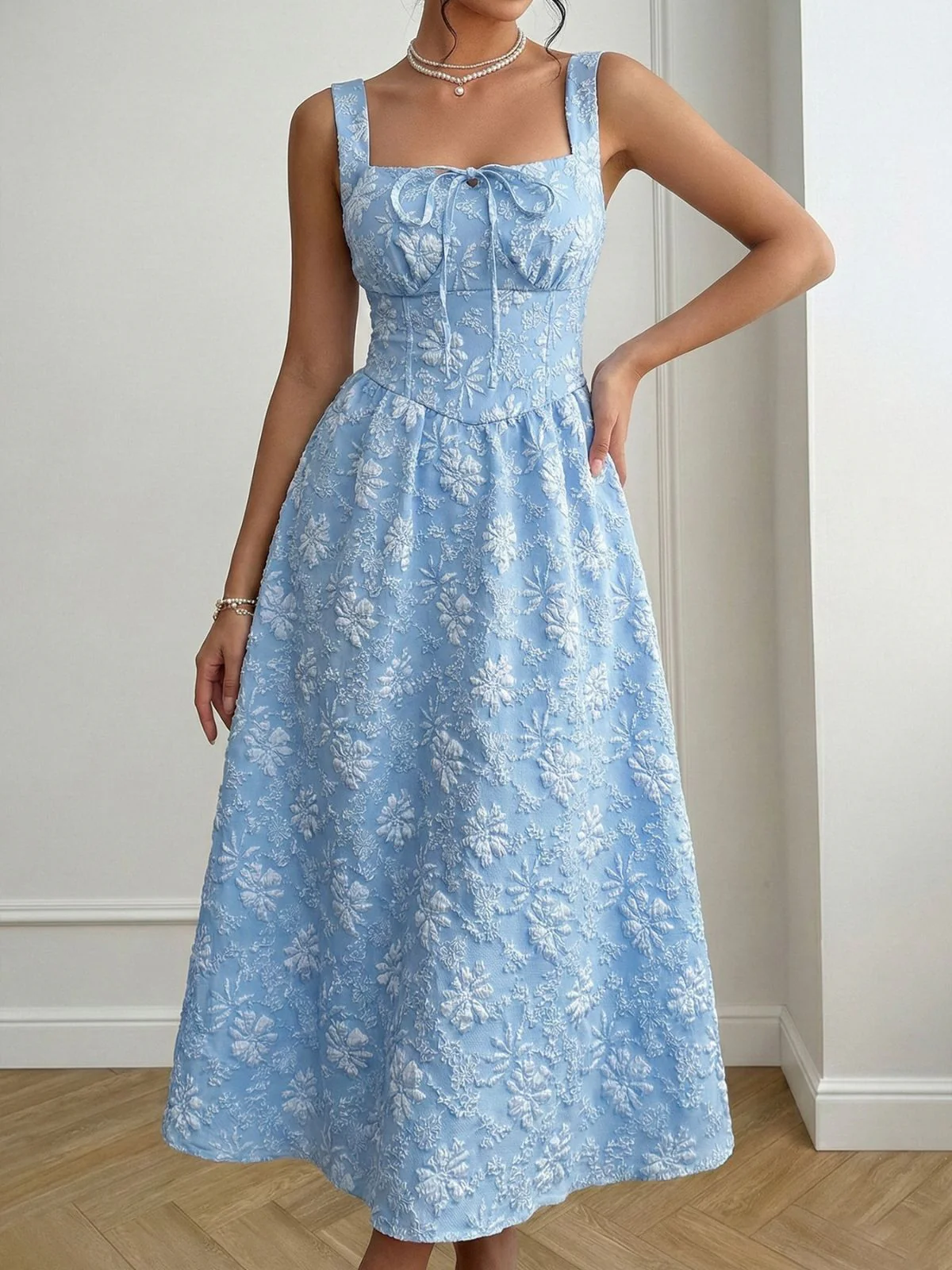 Blue 1940s Square Neck Empire Waist Jacquard Smocked Dress - Image 2
