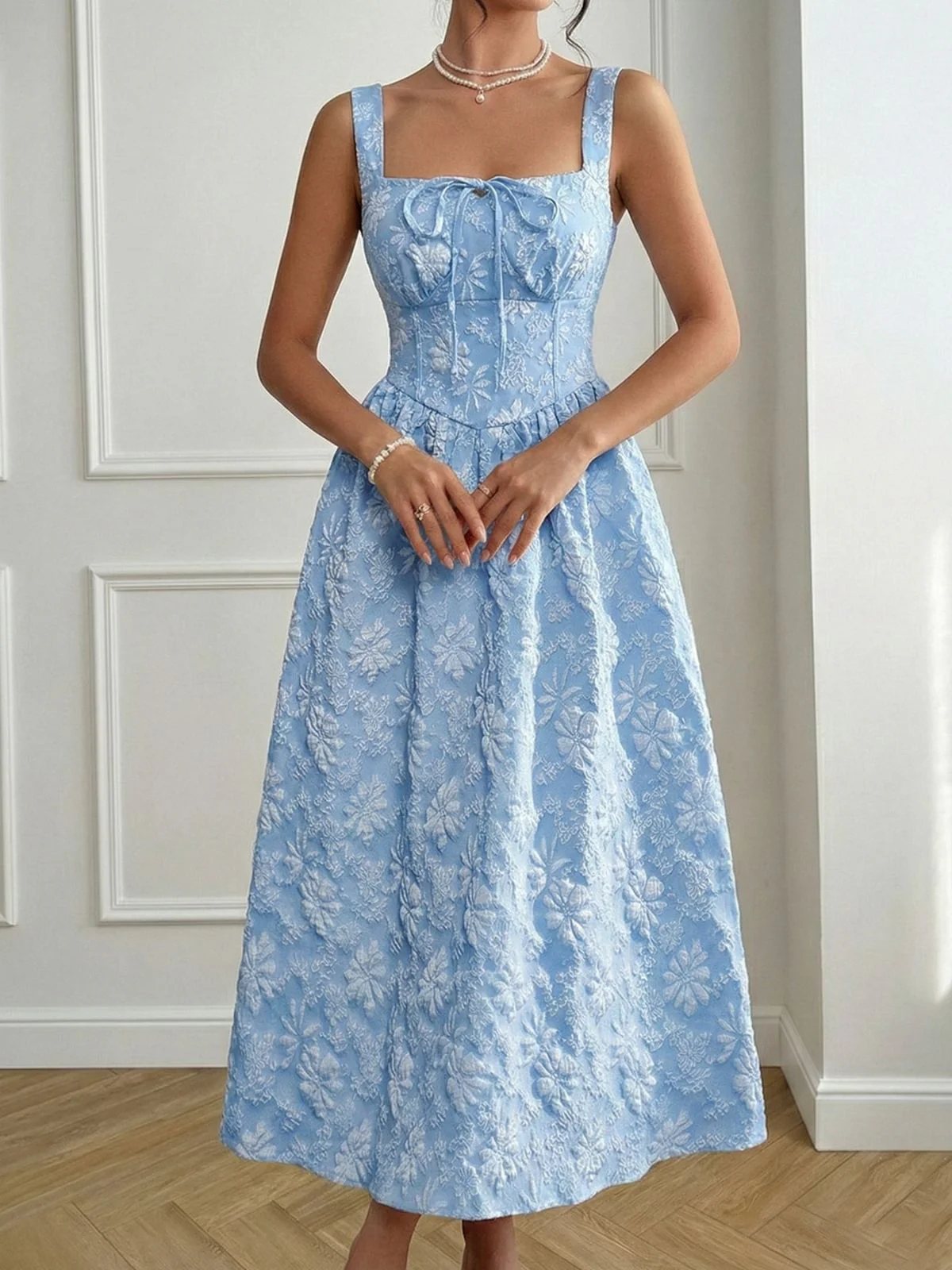 Blue 1940s Square Neck Empire Waist Jacquard Smocked Dress - Image 3