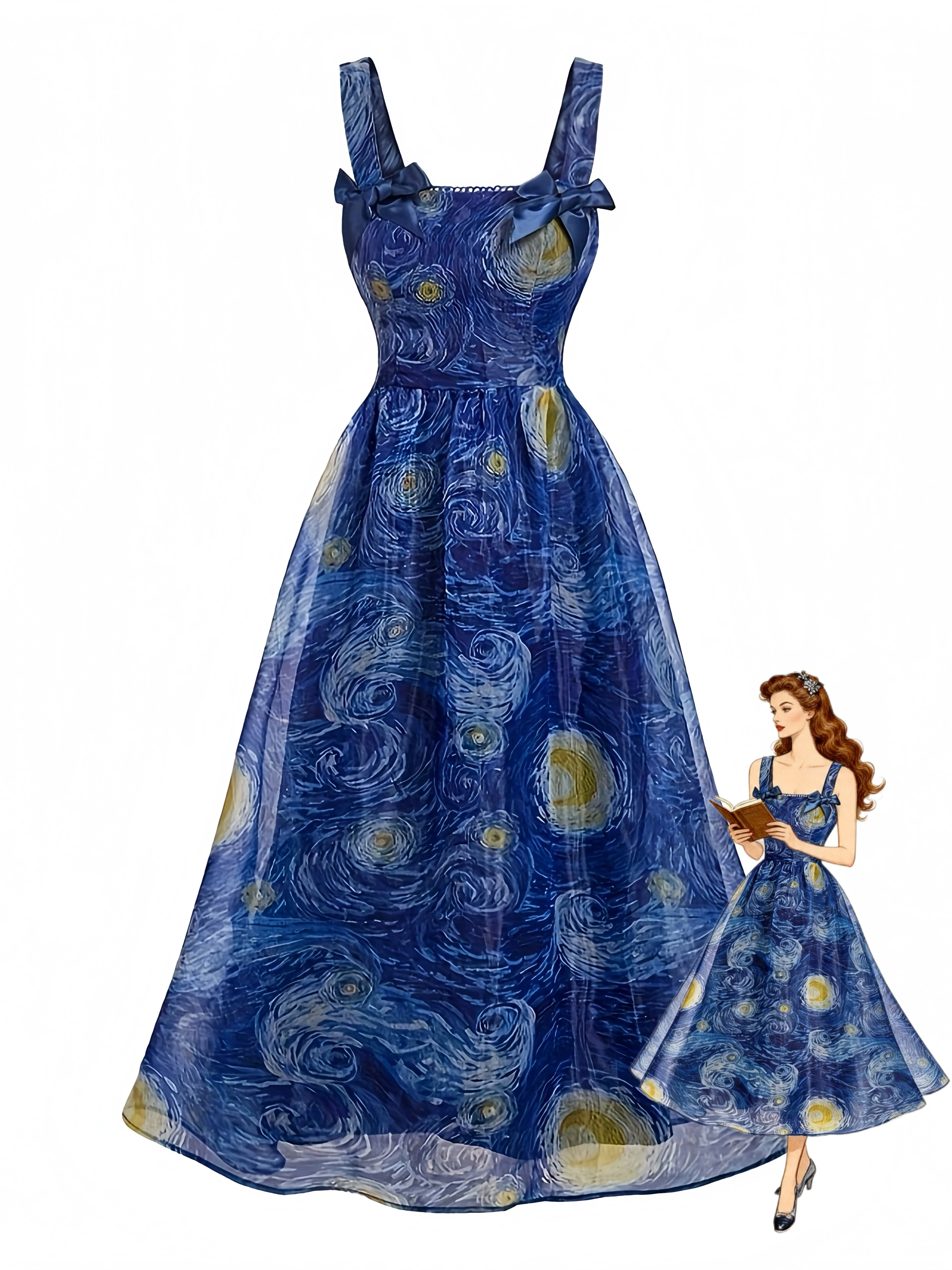 Blue 1940s Square Neck Starry Night Bow Swing Dress - Image 2