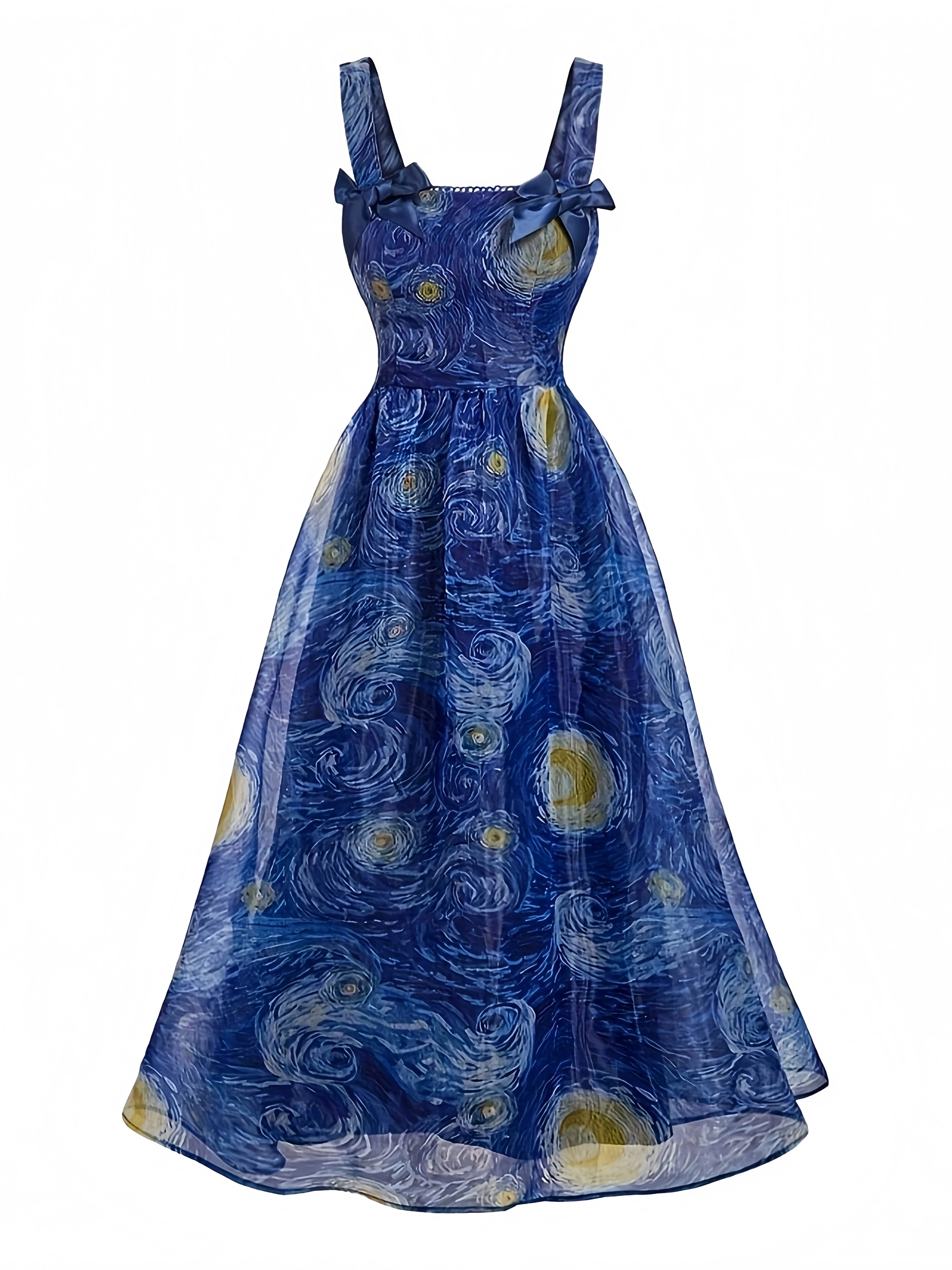 Blue 1940s Square Neck Starry Night Bow Swing Dress - Image 3