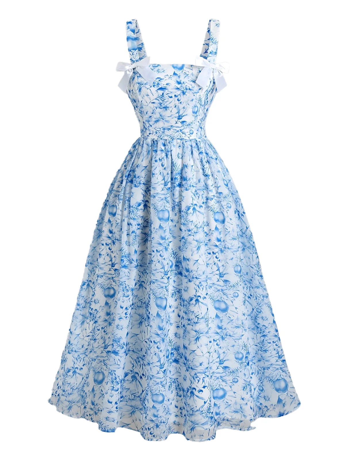 Blue 1940s Square Neck Starry Night Bow Swing Dress - Image 5