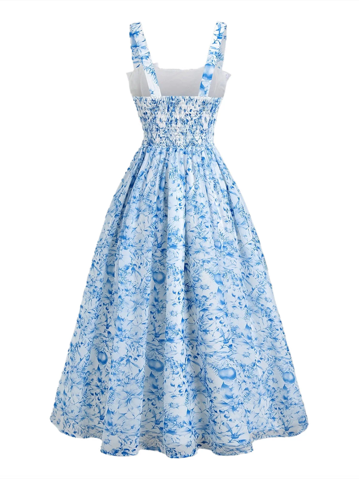 Blue 1940s Square Neck Starry Night Bow Swing Dress - Image 6
