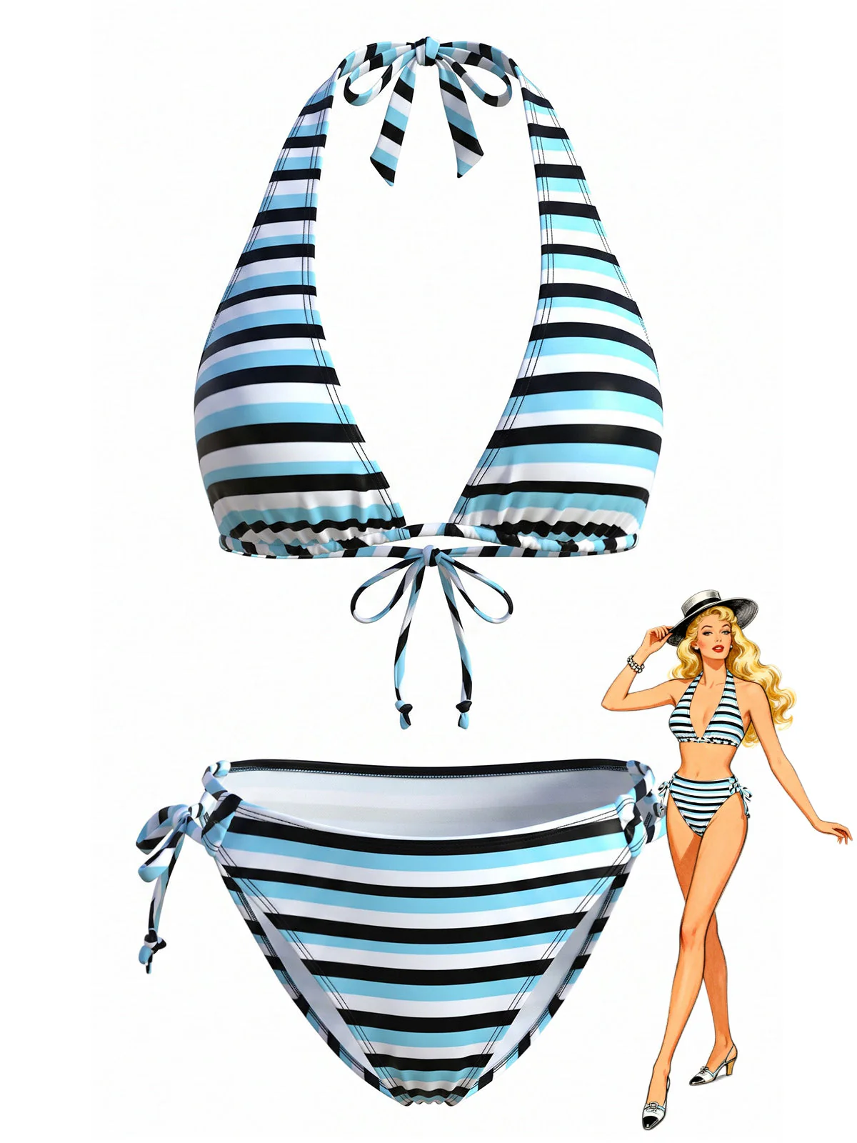 Blue 1940s Stripe Halter Tie-Up Tankini Set