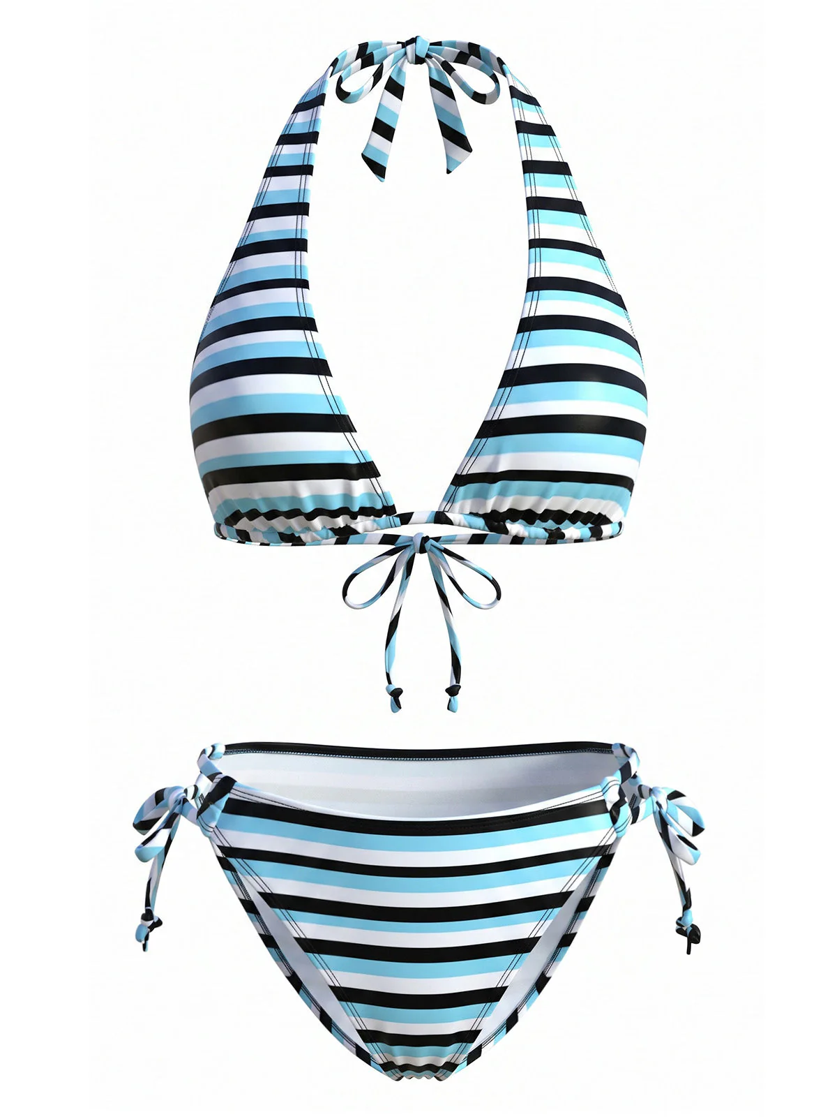 Blue 1940s Stripe Halter Tie-Up Tankini Set - Image 2