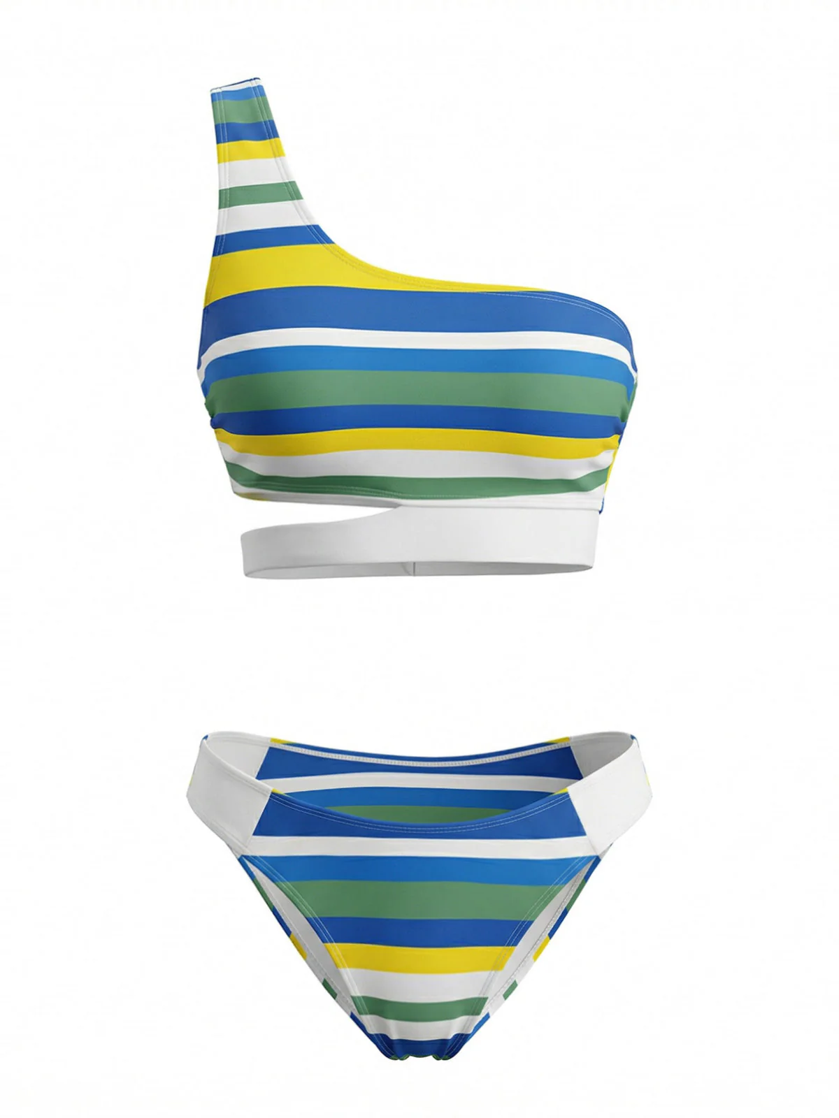 Blue 1940s Stripe One-Shoulder Cutout Bikini Set - Image 2