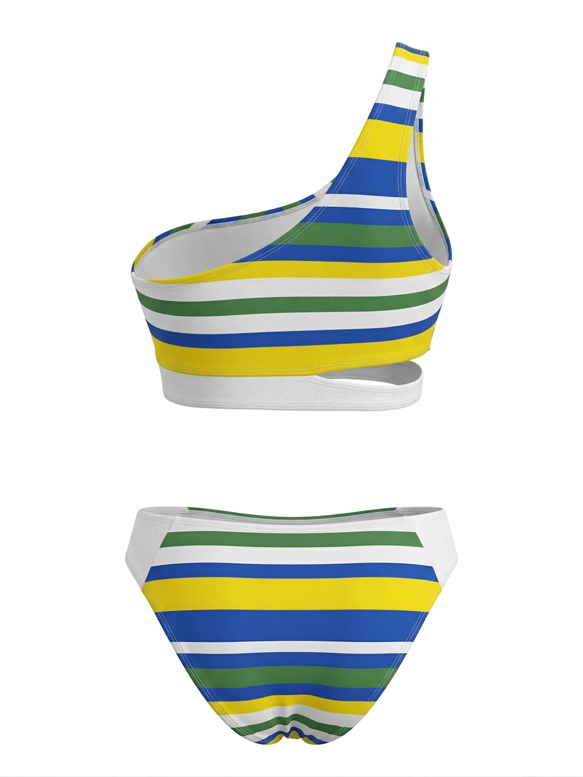 Blue 1940s Stripe One-Shoulder Cutout Bikini Set - Image 3