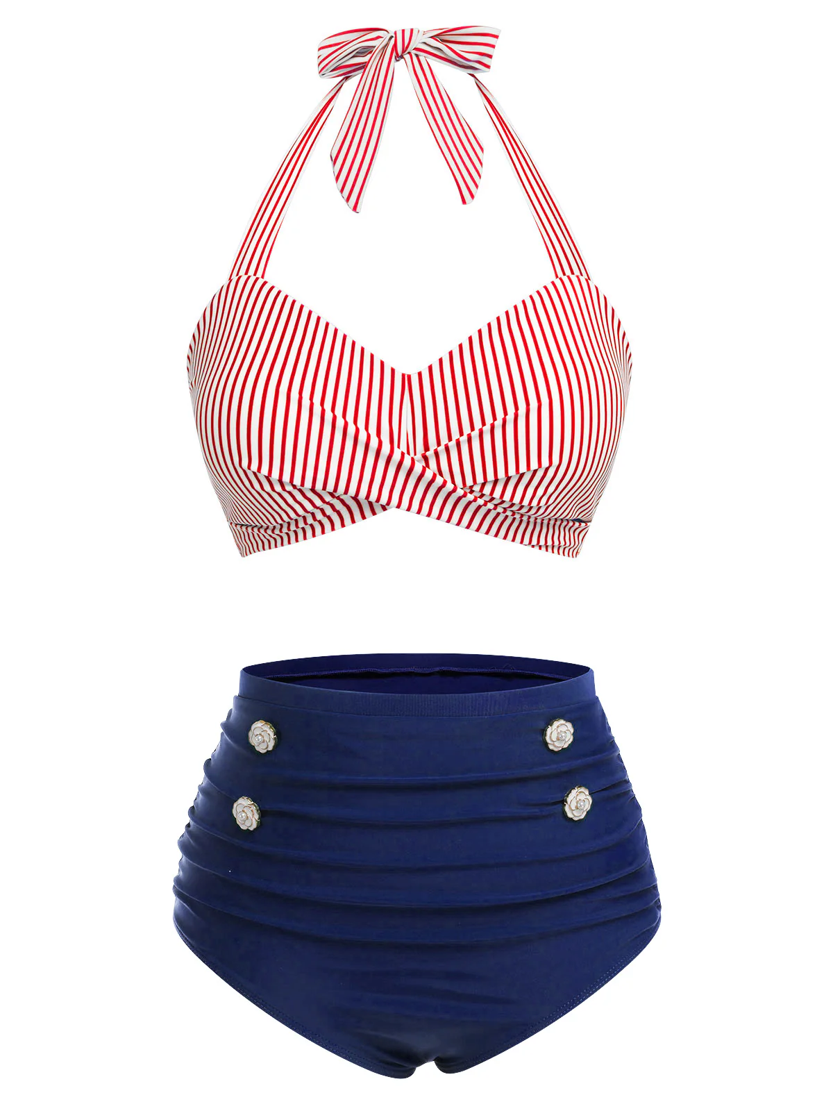 Red & Blue 1940s Striped Halter Swimsuit Set