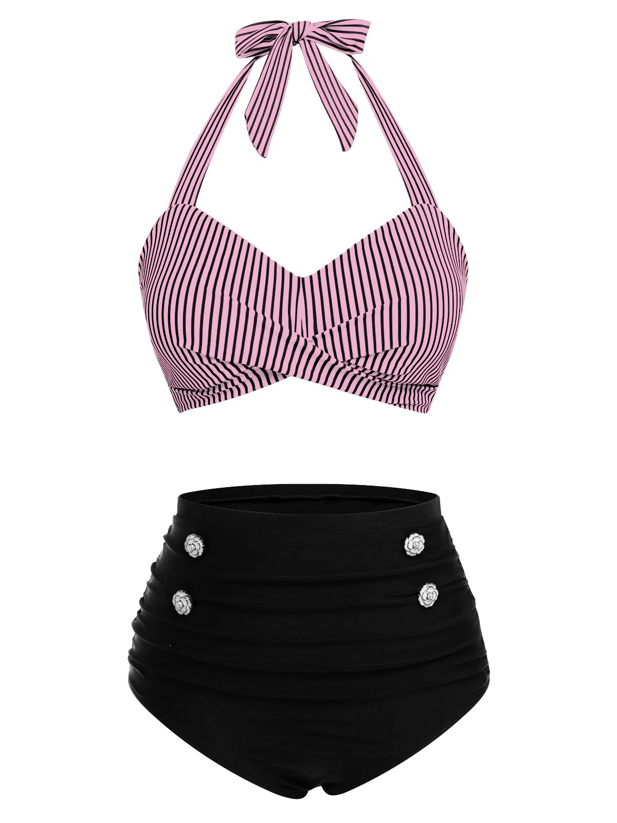 Red & Blue 1940s Striped Halter Swimsuit Set - Image 12