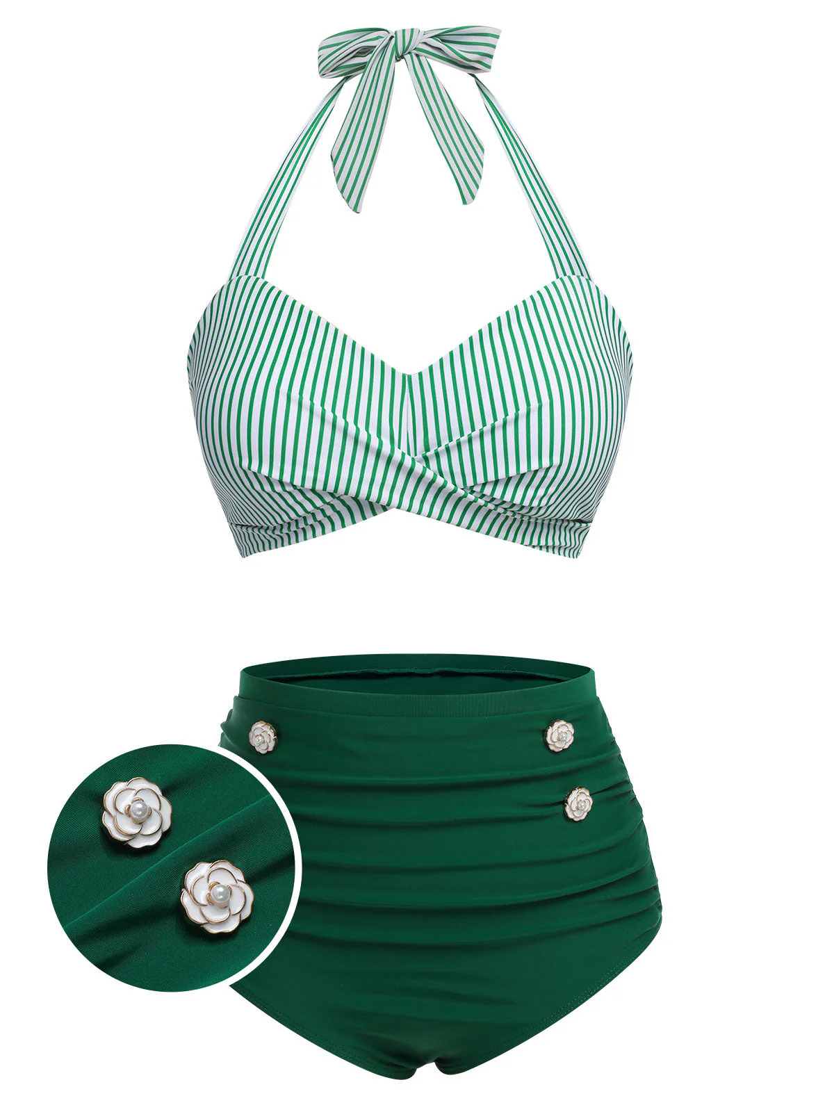 Blue 1940s Striped Halter Swimsuit Set - Image 3