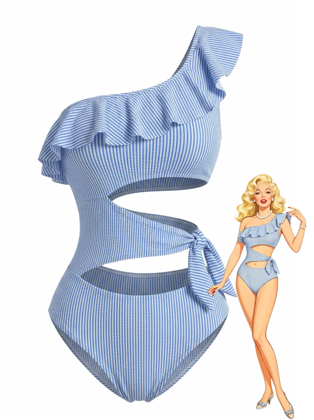 Blue 1940s Striped One-Shoulder Cutout One-Piece Swimsuit