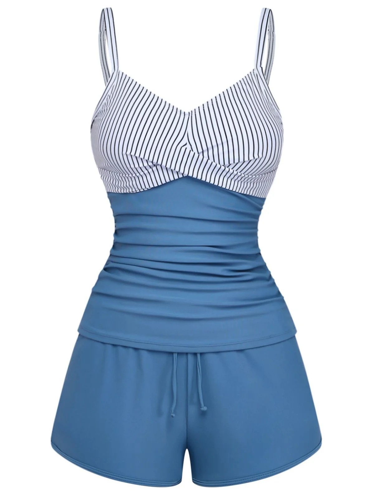 Blue 1940s Striped Pocket Ruched Swimsuit - Image 2
