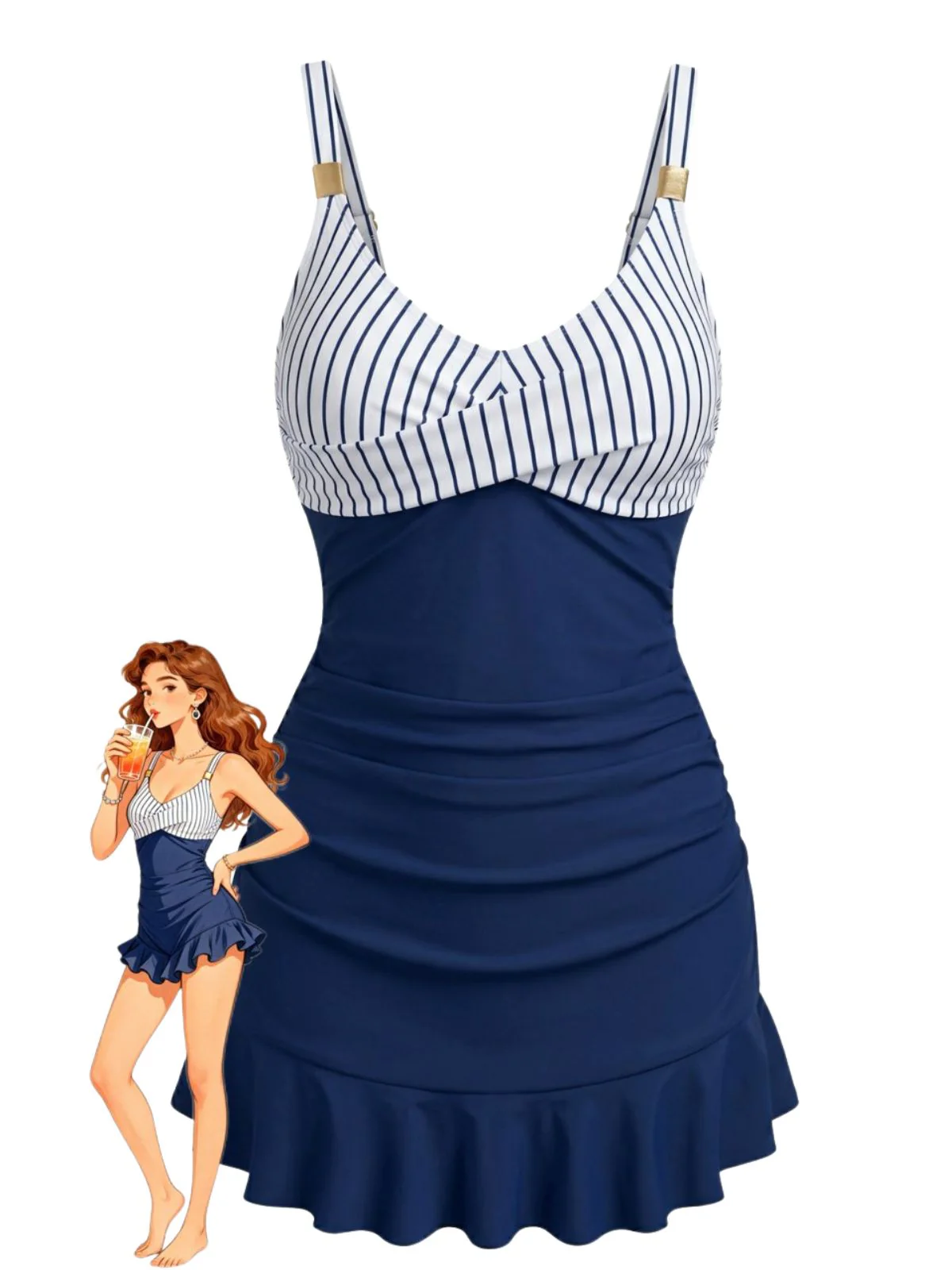 Blue 1940s Striped Ruched Tummy-Control Swimsuit