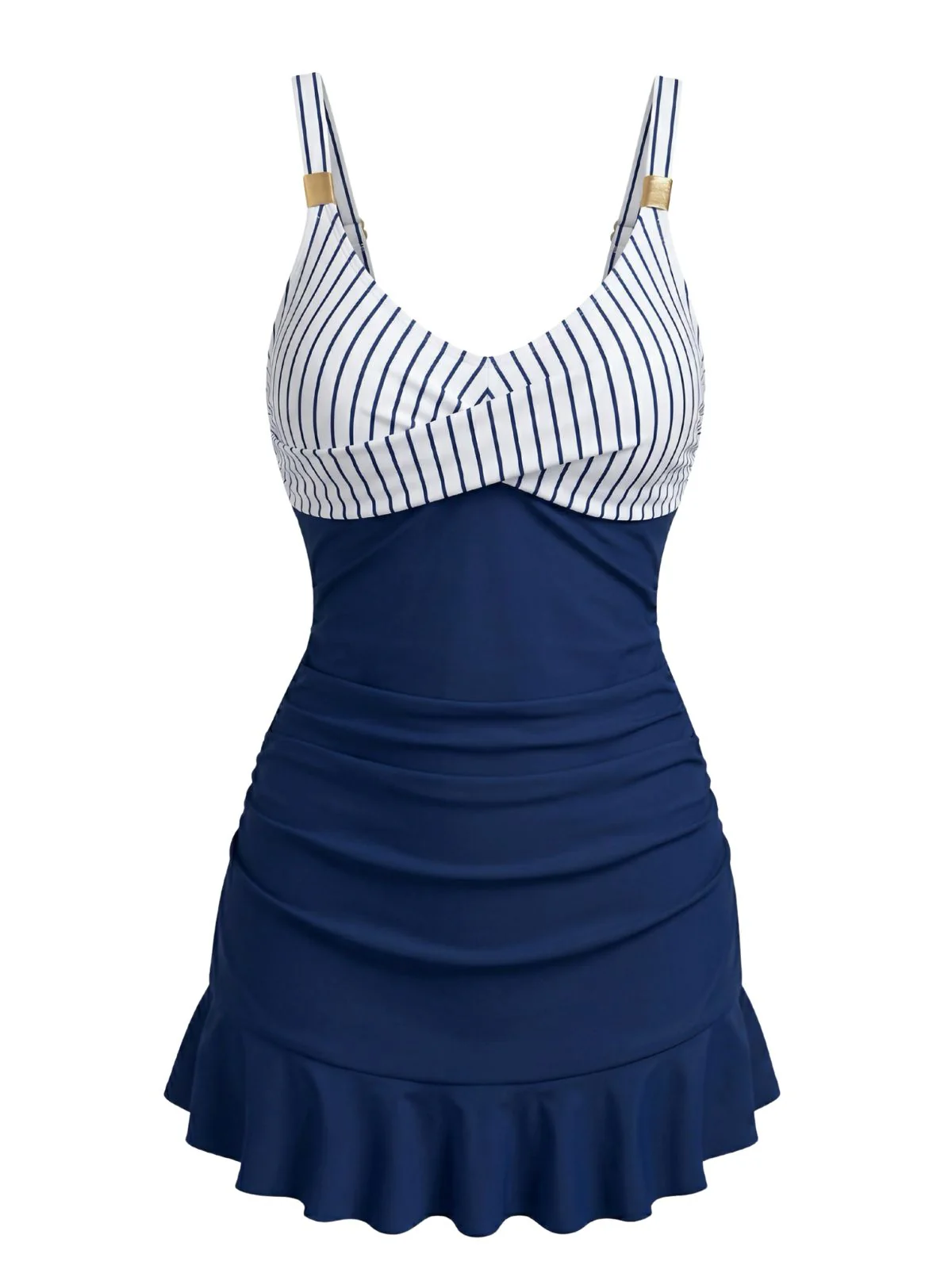 Blue 1940s Striped Ruched Tummy-Control Swimsuit - Image 2