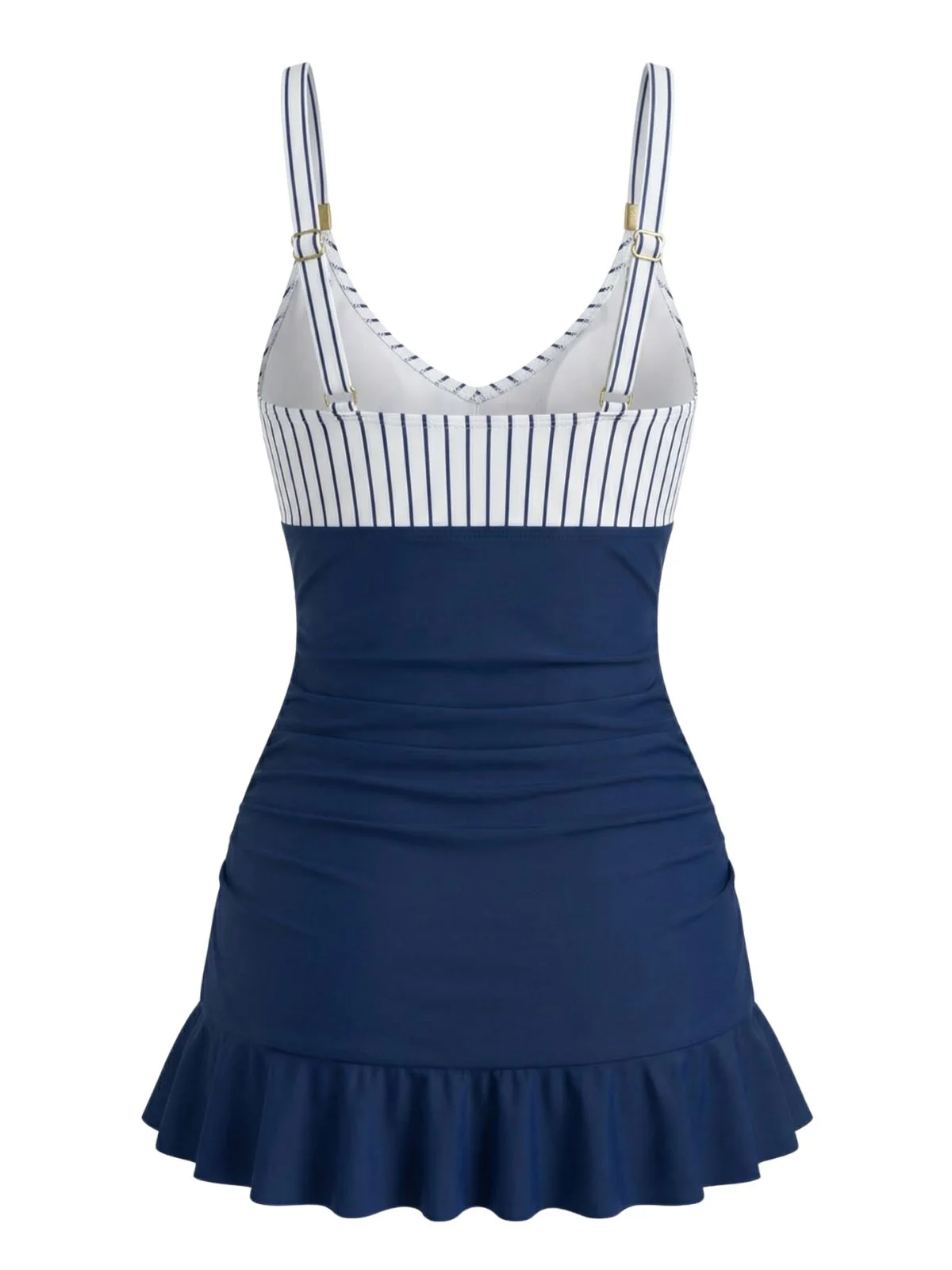 Blue 1940s Striped Ruched Tummy-Control Swimsuit - Image 3