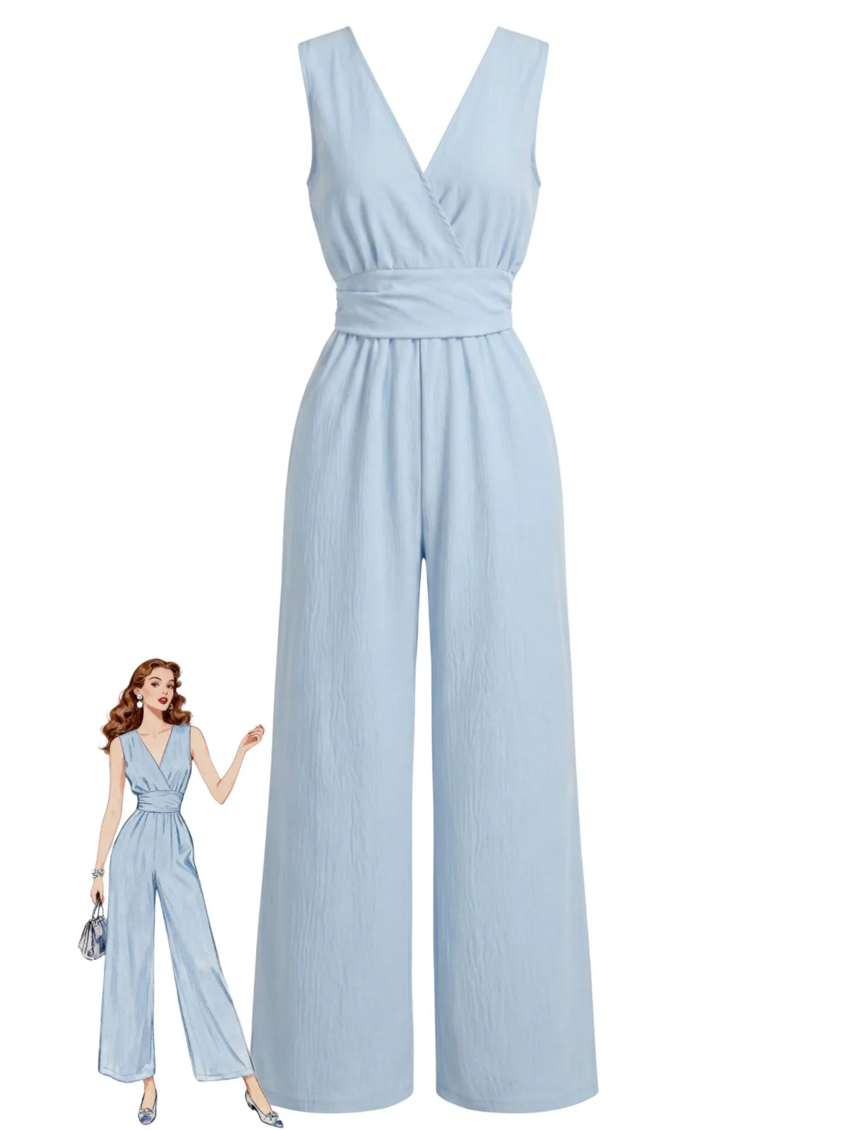 Blue 1940s V-Neck Wrap Wide-Leg Sleeveless Jumpsuit