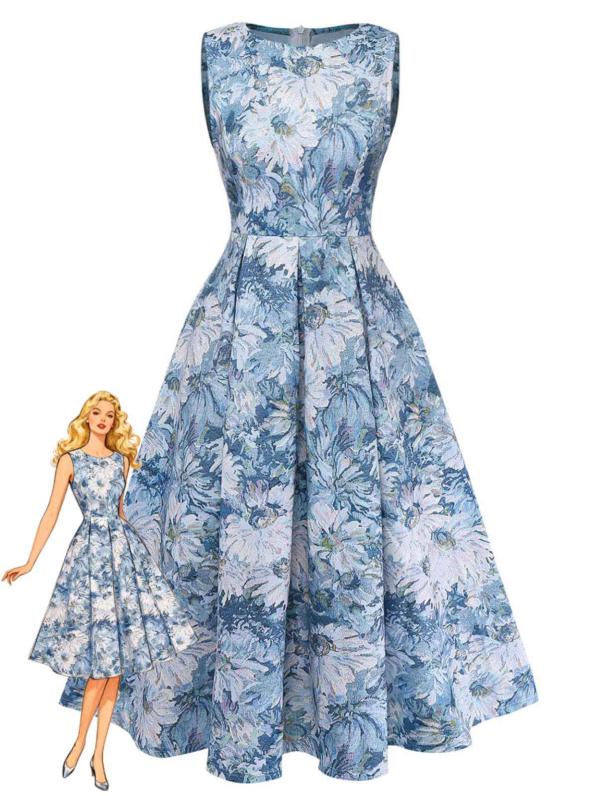 Blue 1950s All-Over Oil Painting Floral Sleeveless Dress
