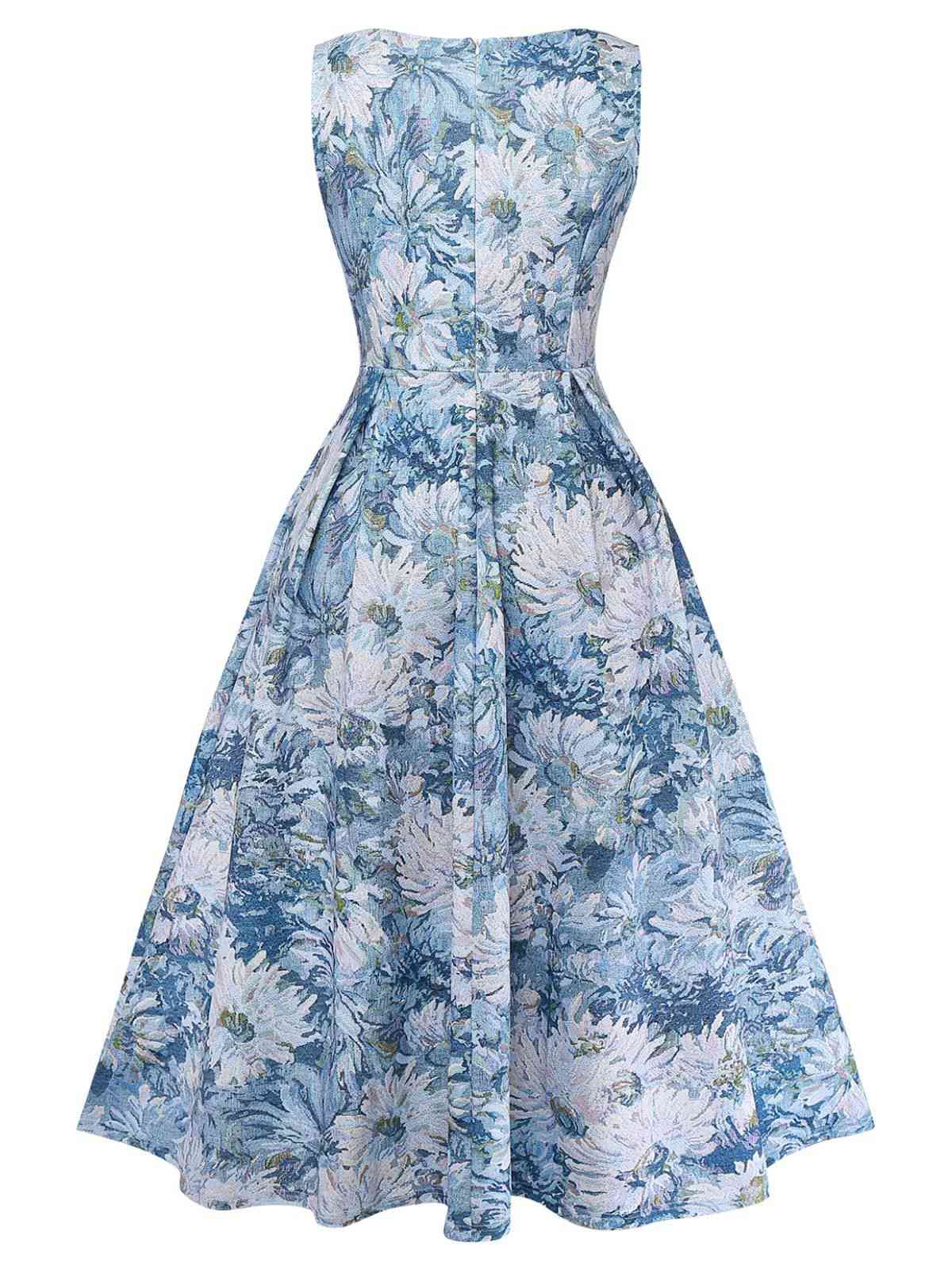 Blue 1950s All-Over Oil Painting Floral Sleeveless Dress - Image 3