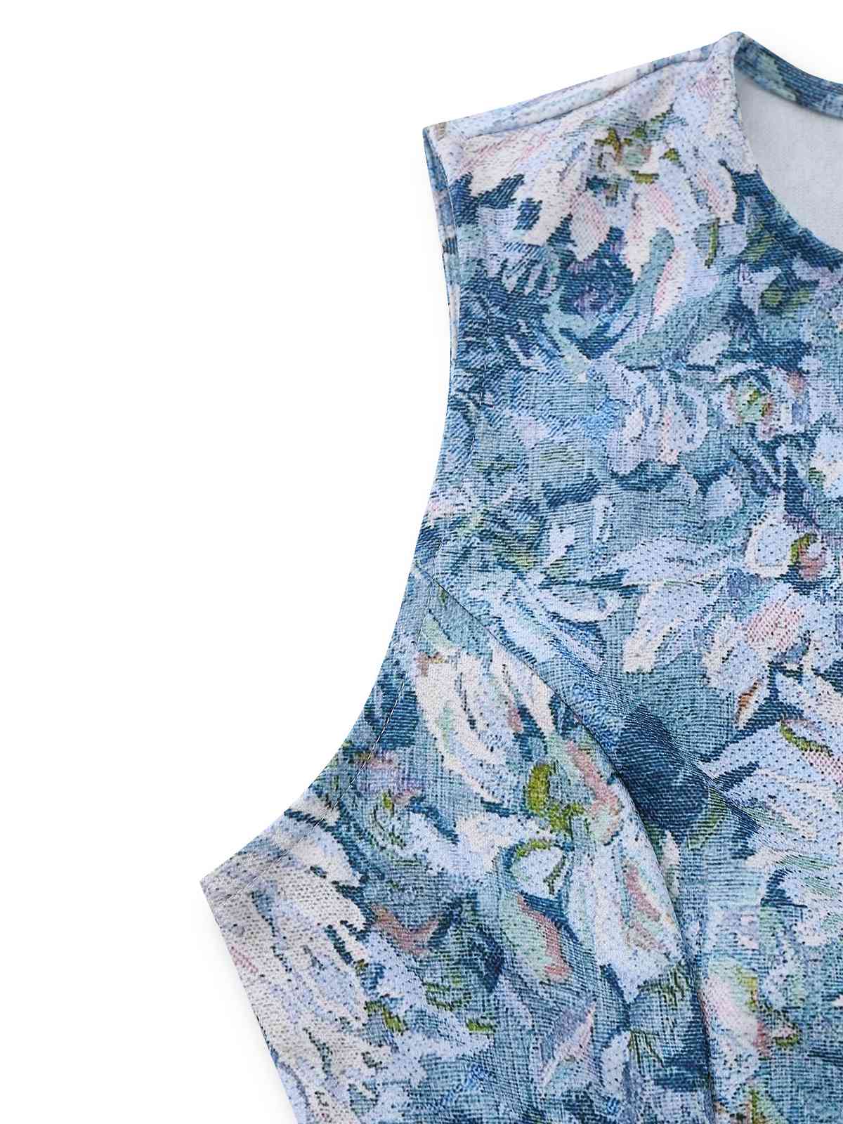 Blue 1950s All-Over Oil Painting Floral Sleeveless Dress - Image 5