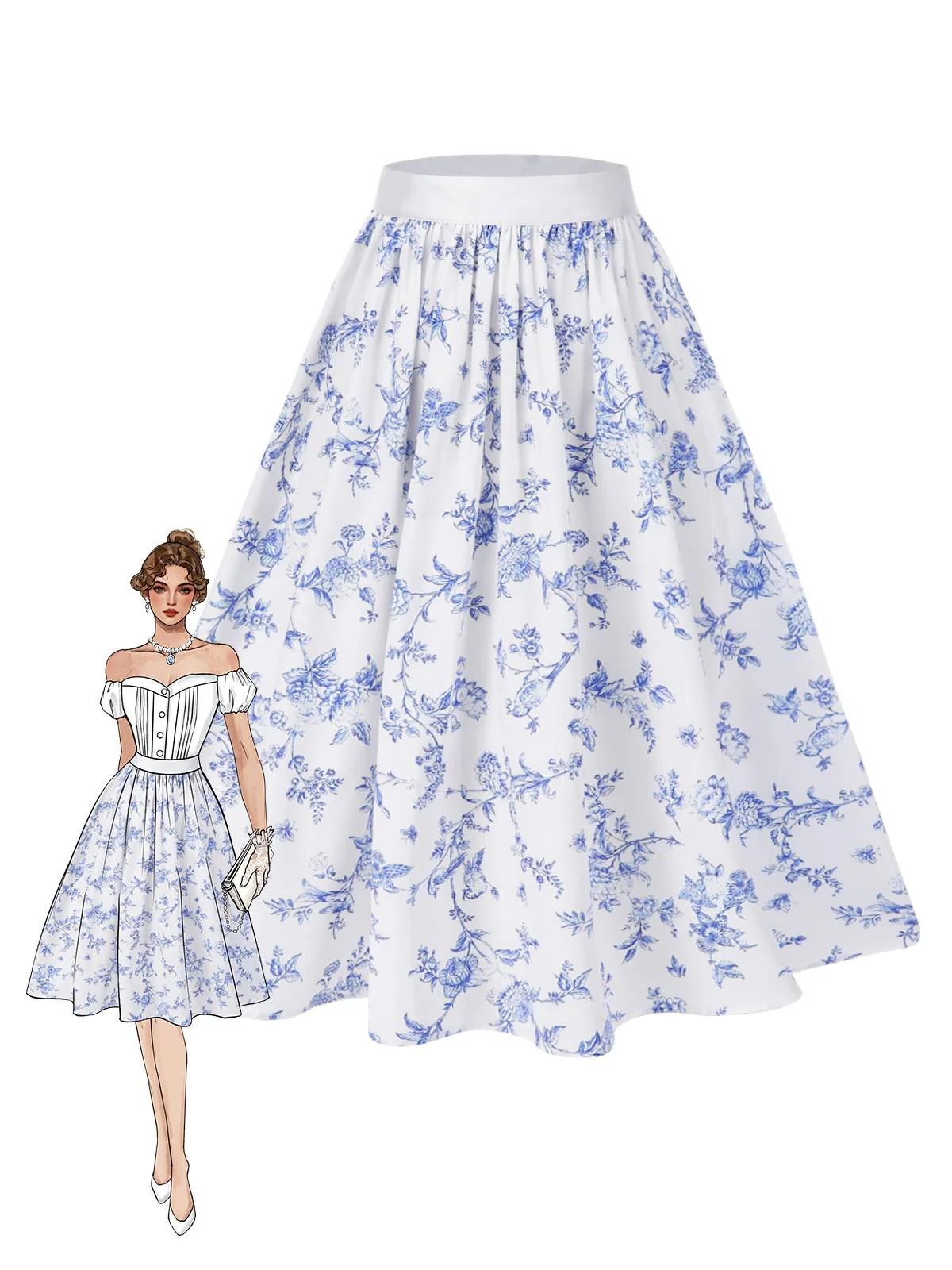 Blue 1950s Blue & White Porcelain Floral Skirt