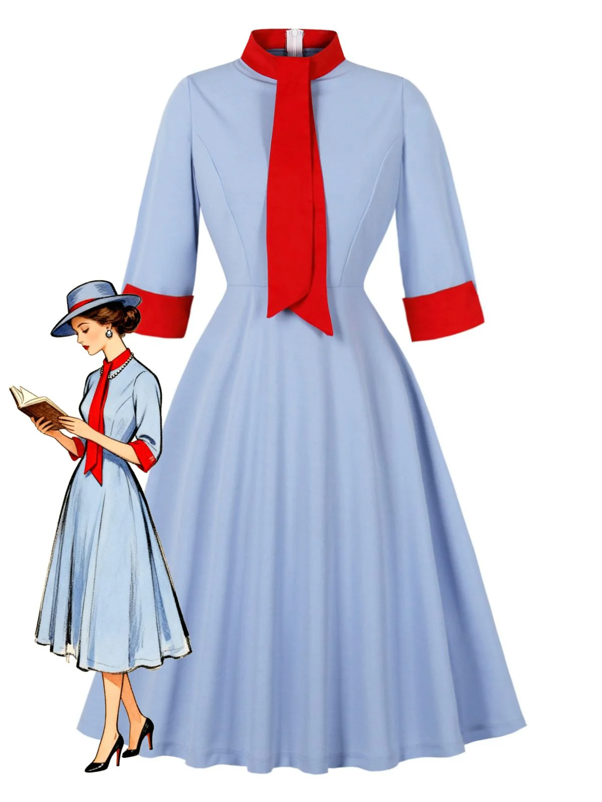 Blue 1950s Contrast Tie-Neck High Collar Dress