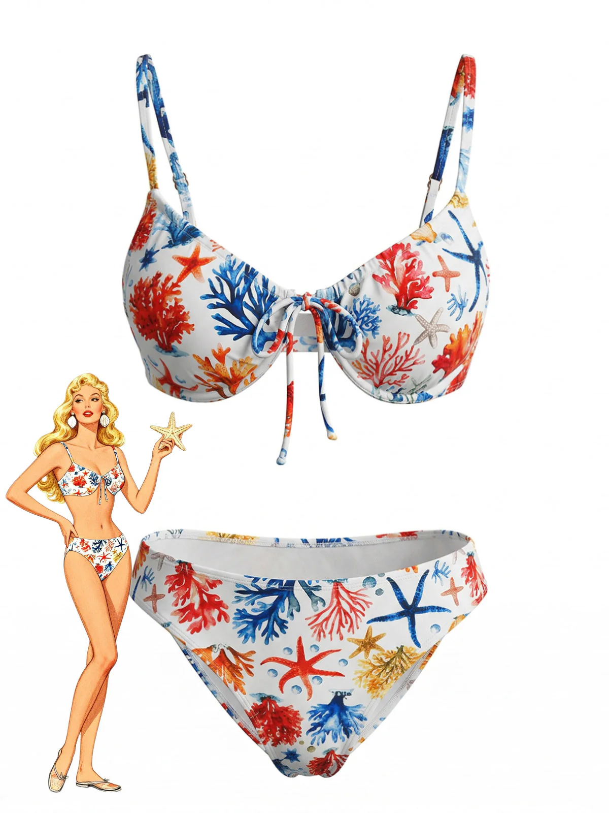 Blue 1950s Coral & Starfish Print Bikini Set