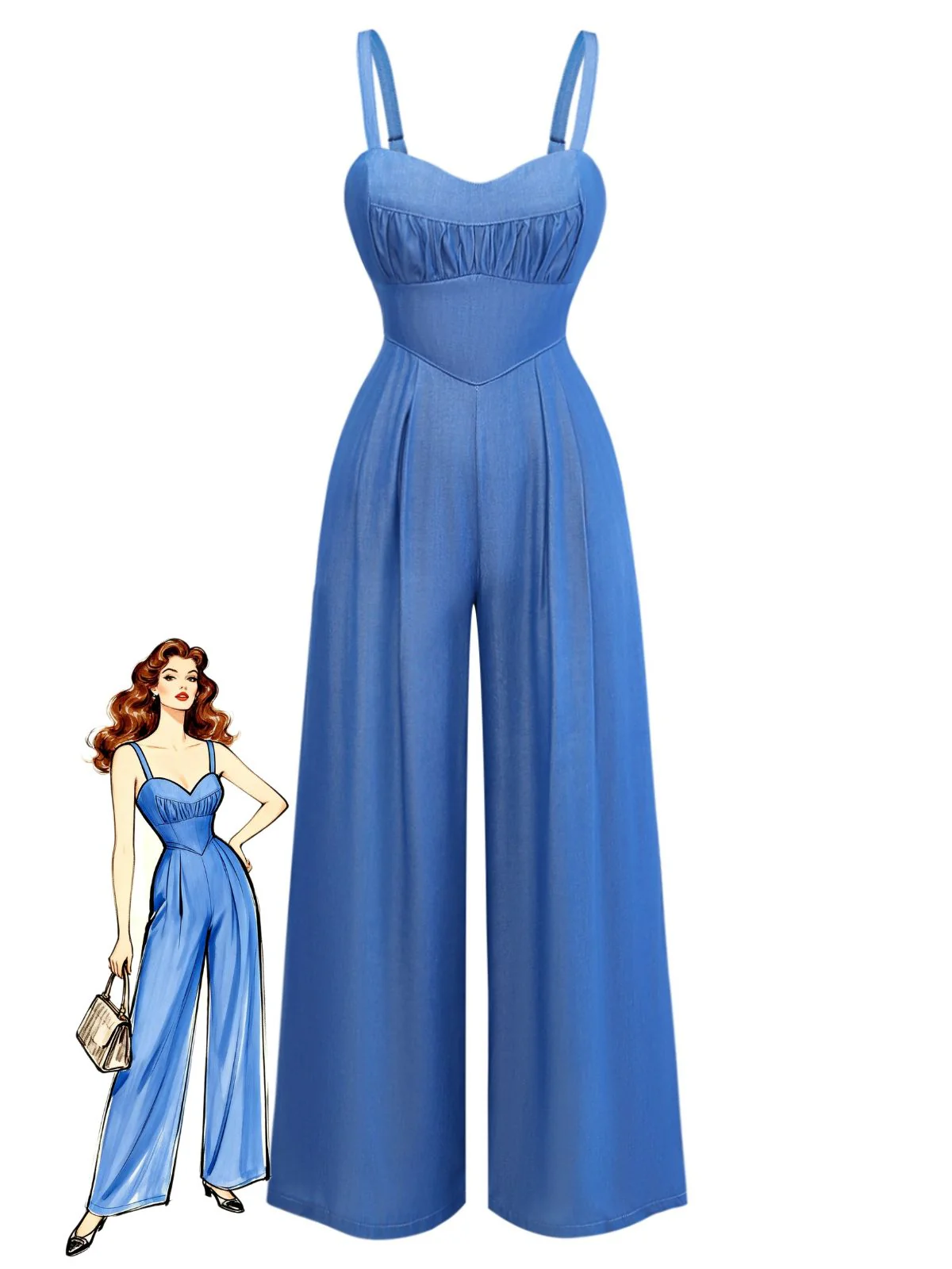Blue 1950s Denim Spaghetti Strap Ruched Jumpsuit