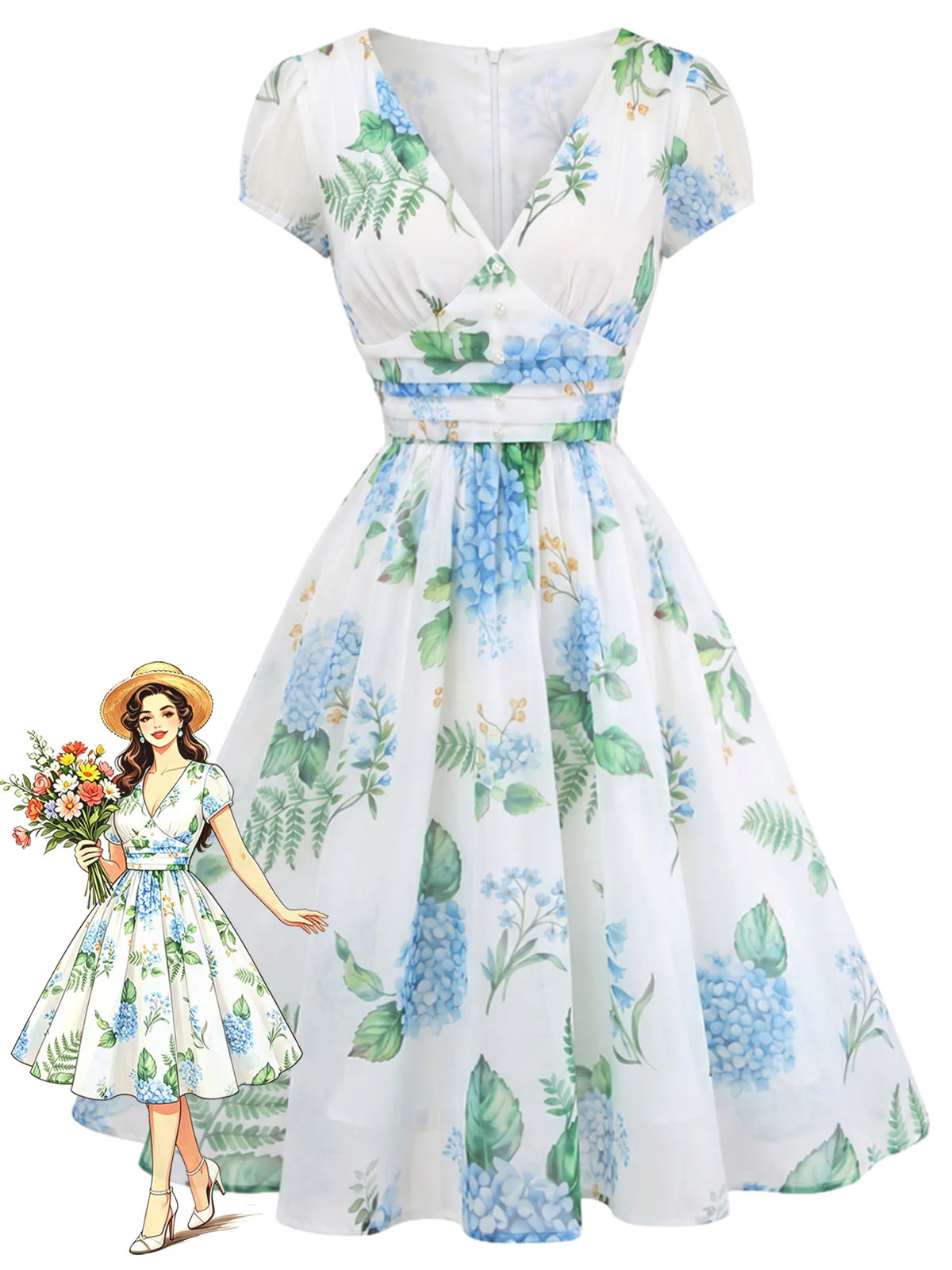 [Pre-Sale] Blue 1950s Floral Print V-Neck Swing Dress