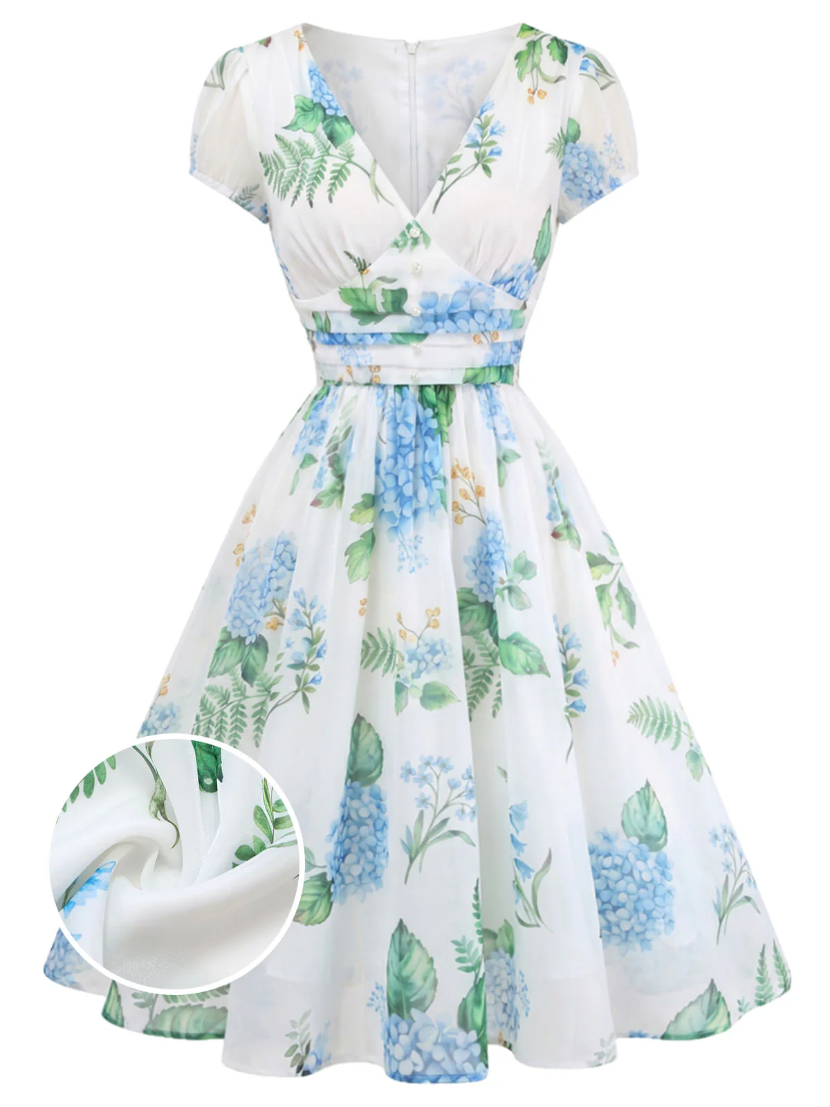 [Pre-Sale] Blue 1950s Floral Print V-Neck Swing Dress - Image 2