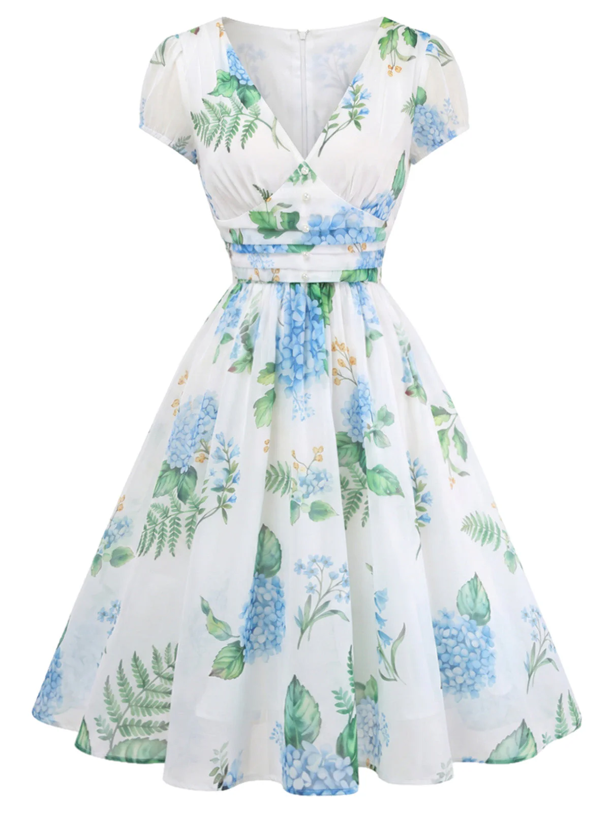 [Pre-Sale] Blue 1950s Floral Print V-Neck Swing Dress - Image 3