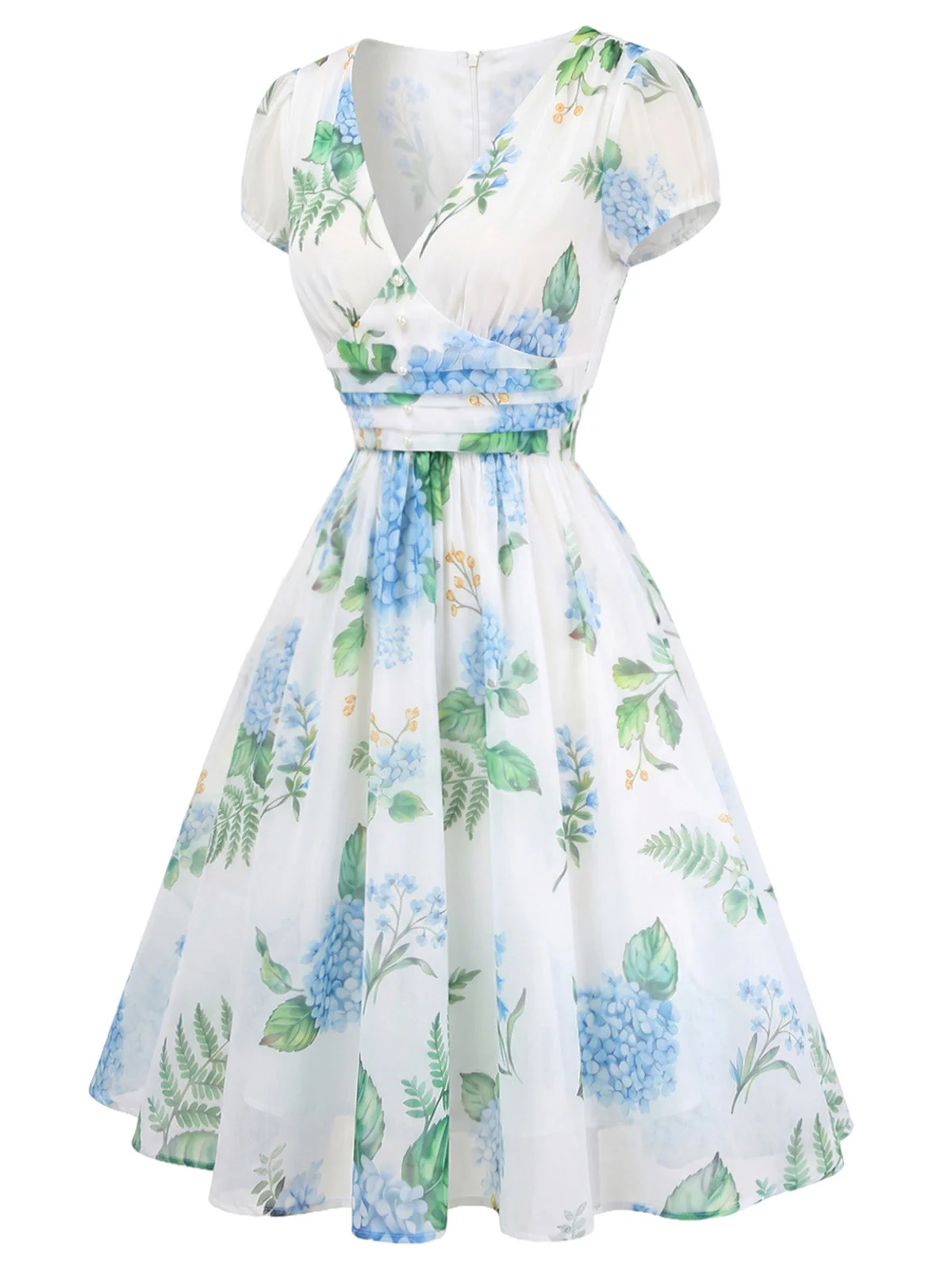 [Pre-Sale] Blue 1950s Floral Print V-Neck Swing Dress - Image 4