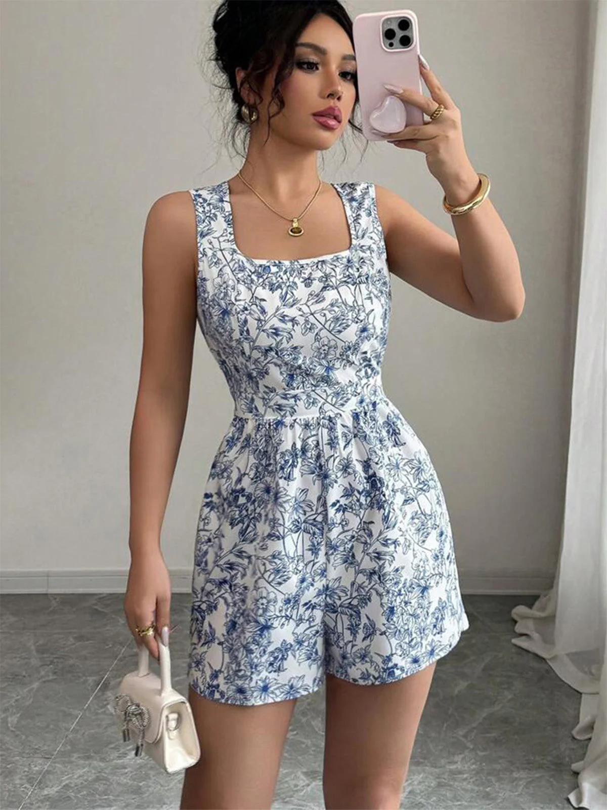 [Pre-Sale] Blue 1950s Floral Square Neck Sleeveless Romper - Image 5