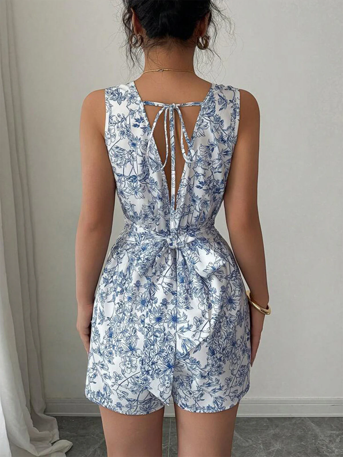 [Pre-Sale] Blue 1950s Floral Square Neck Sleeveless Romper - Image 7
