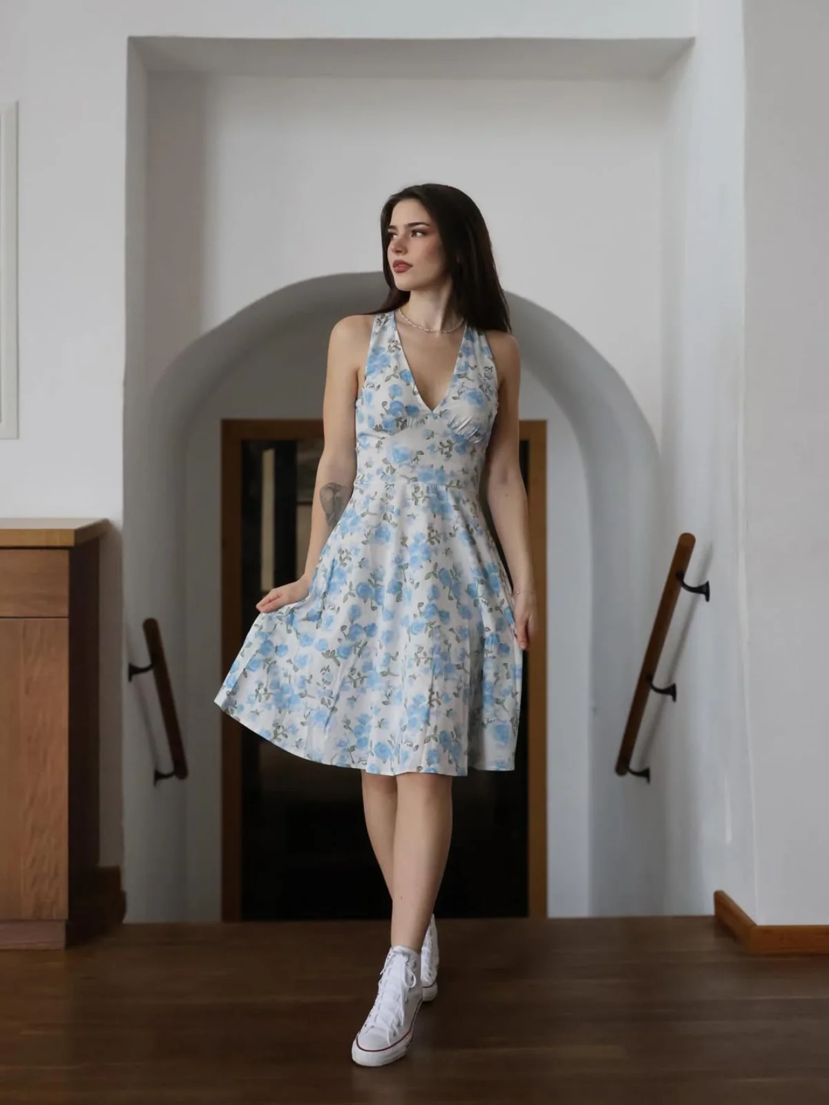 Blue 1950s Floral V-Neck Dress