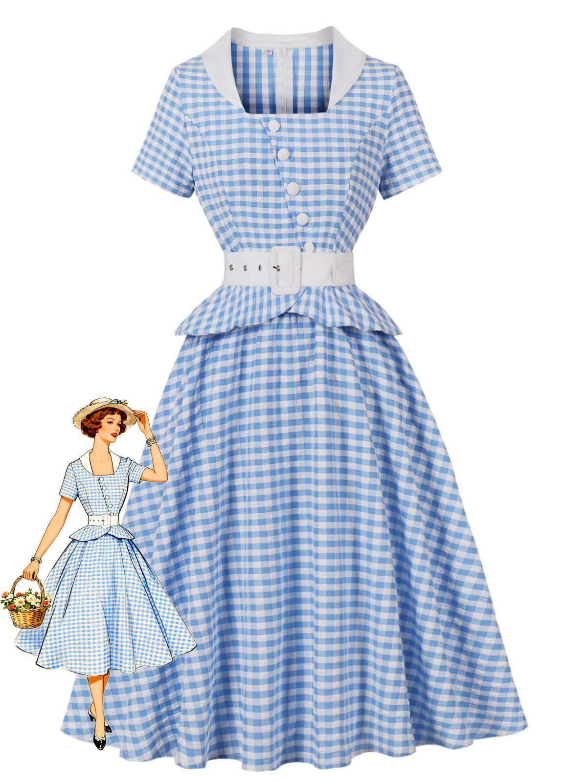 Blue 1950s Gingham Plaid Ruffle Swing Dress
