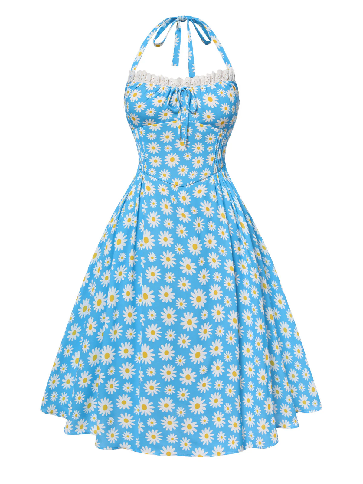 Blue 1950s Halter Lace Daisy Dress - Image 2