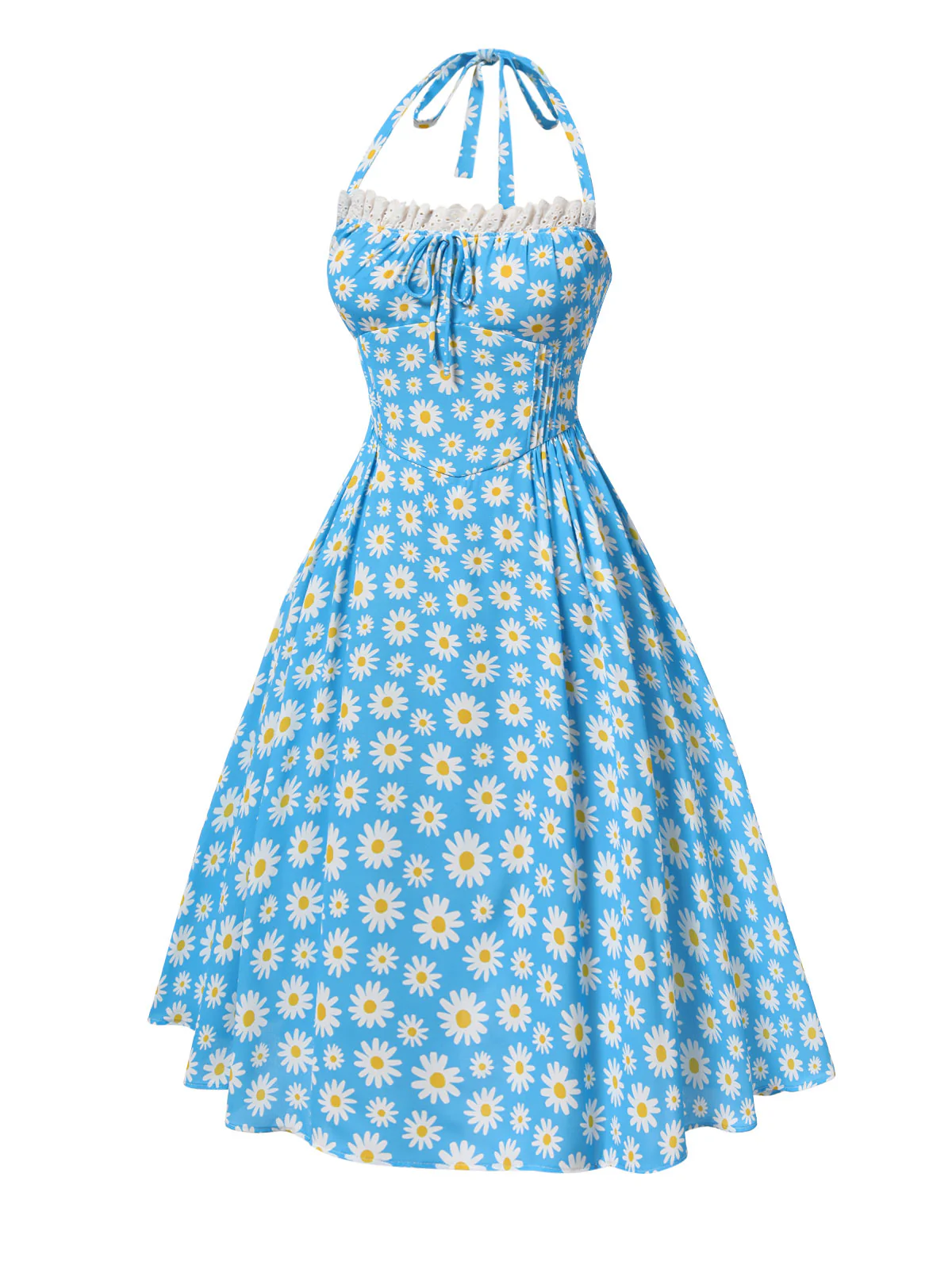 Blue 1950s Halter Lace Daisy Dress - Image 4