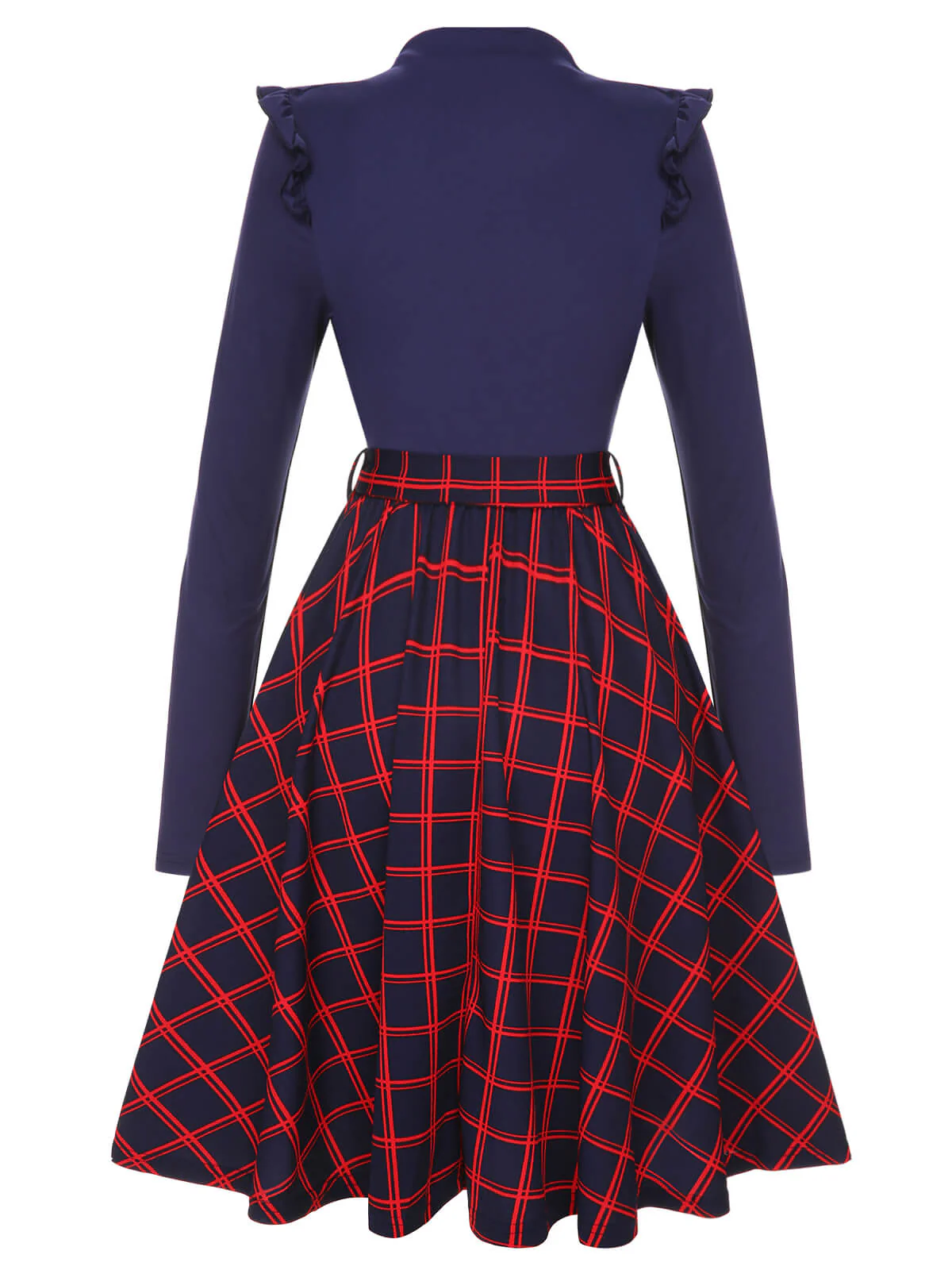 Blue 1950s Long Sleeve Plaid Dress - Image 2