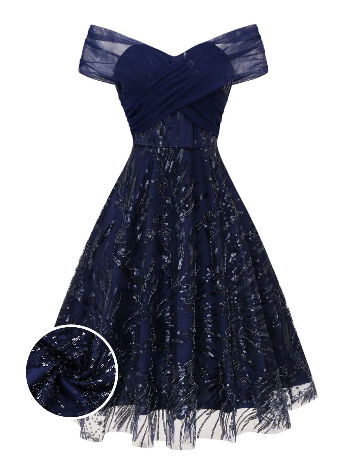 Blue 1950s Off-Shoulder Embroidered Sequin Floral Dress