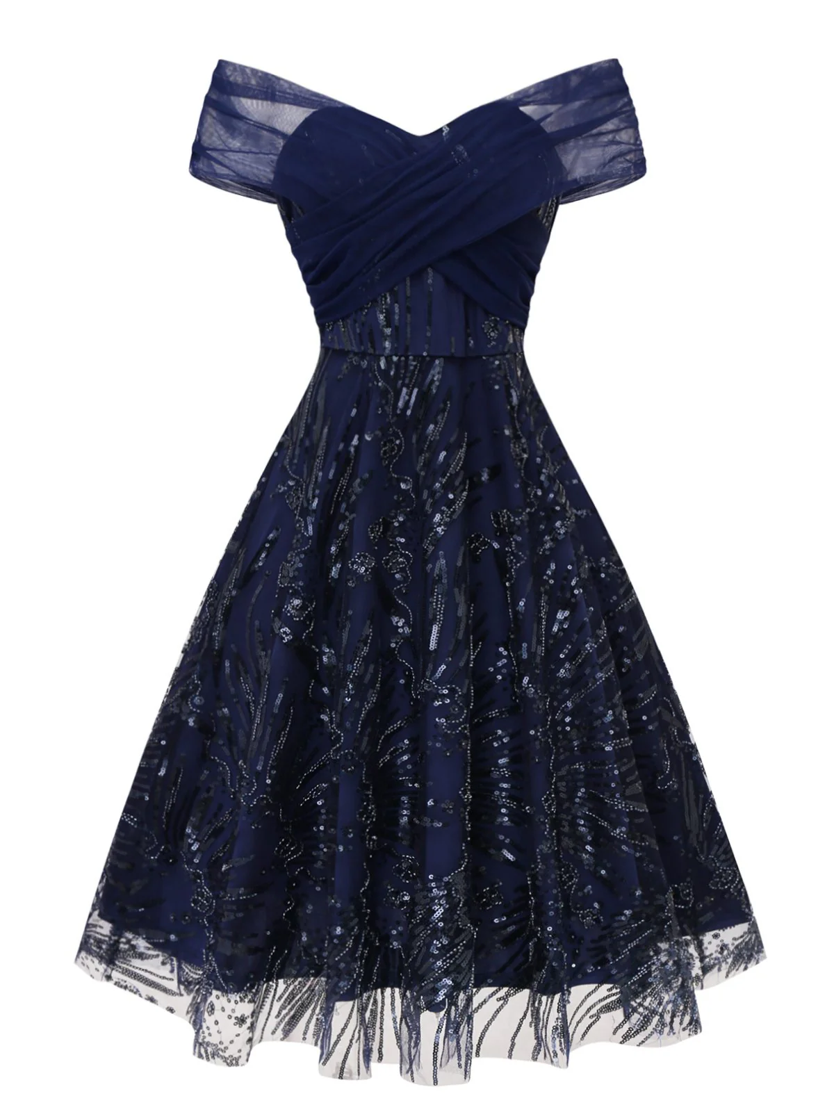 Blue 1950s Off-Shoulder Embroidered Sequin Floral Dress - Image 3