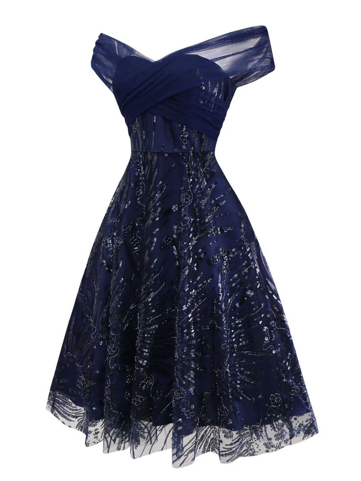Blue 1950s Off-Shoulder Embroidered Sequin Floral Dress - Image 4