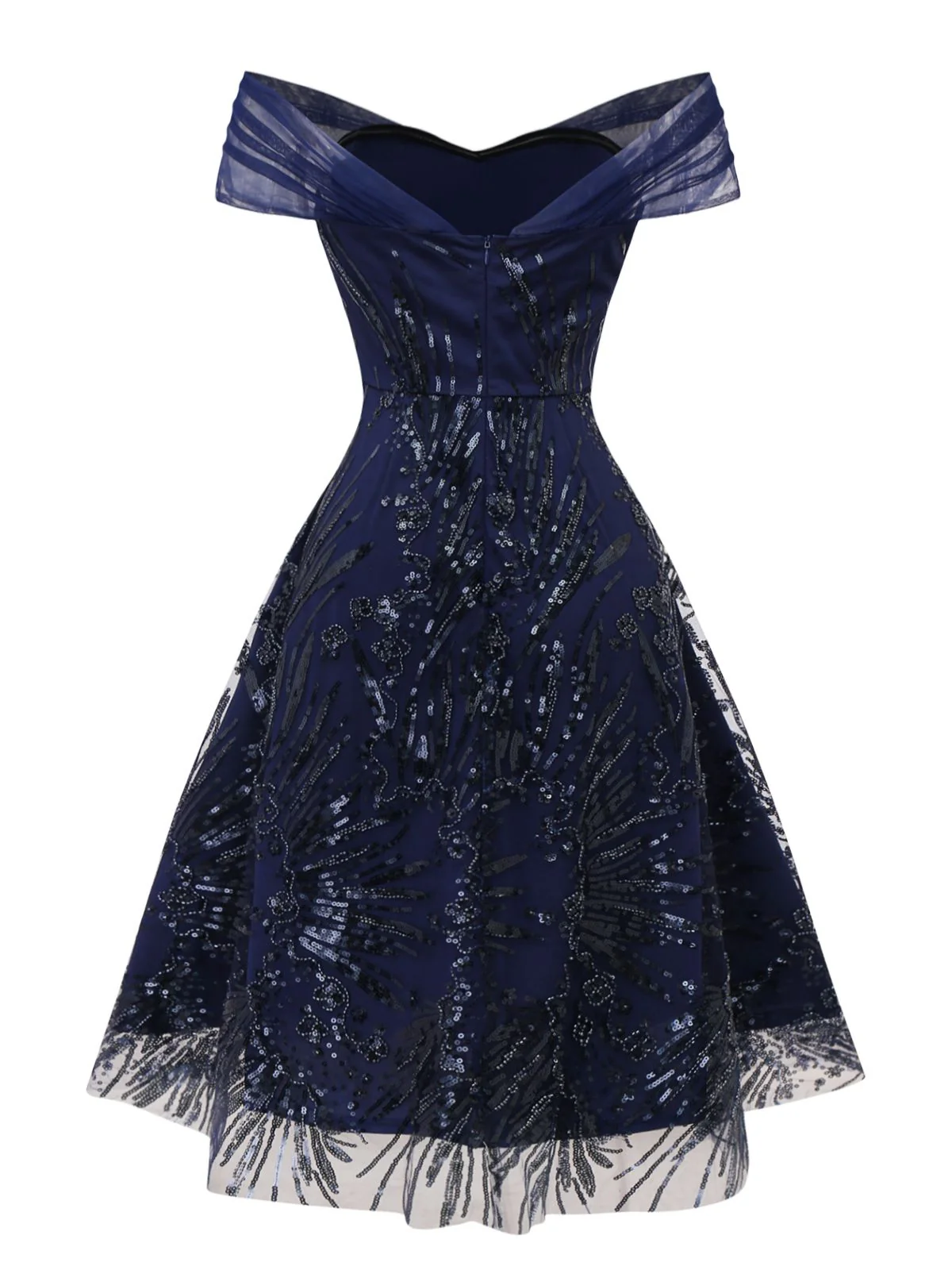 Blue 1950s Off-Shoulder Embroidered Sequin Floral Dress - Image 5