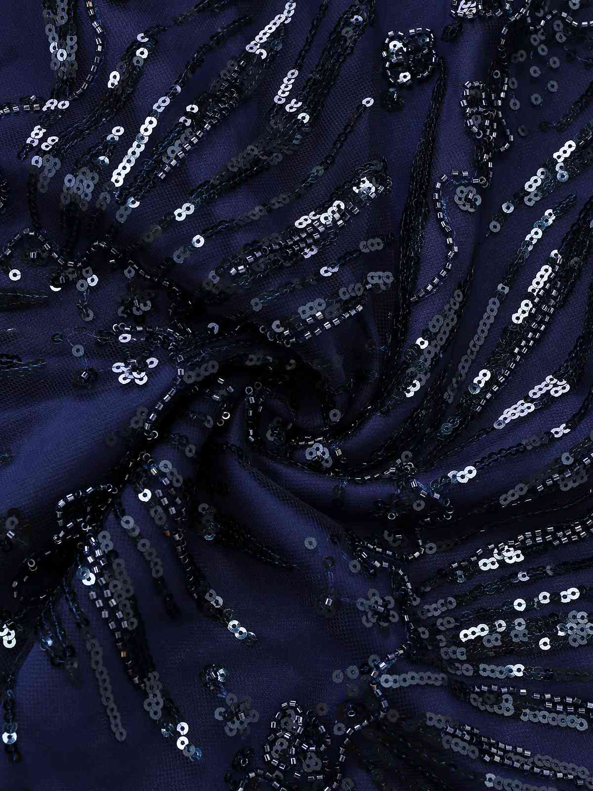 Blue 1950s Off-Shoulder Embroidered Sequin Floral Dress - Image 8