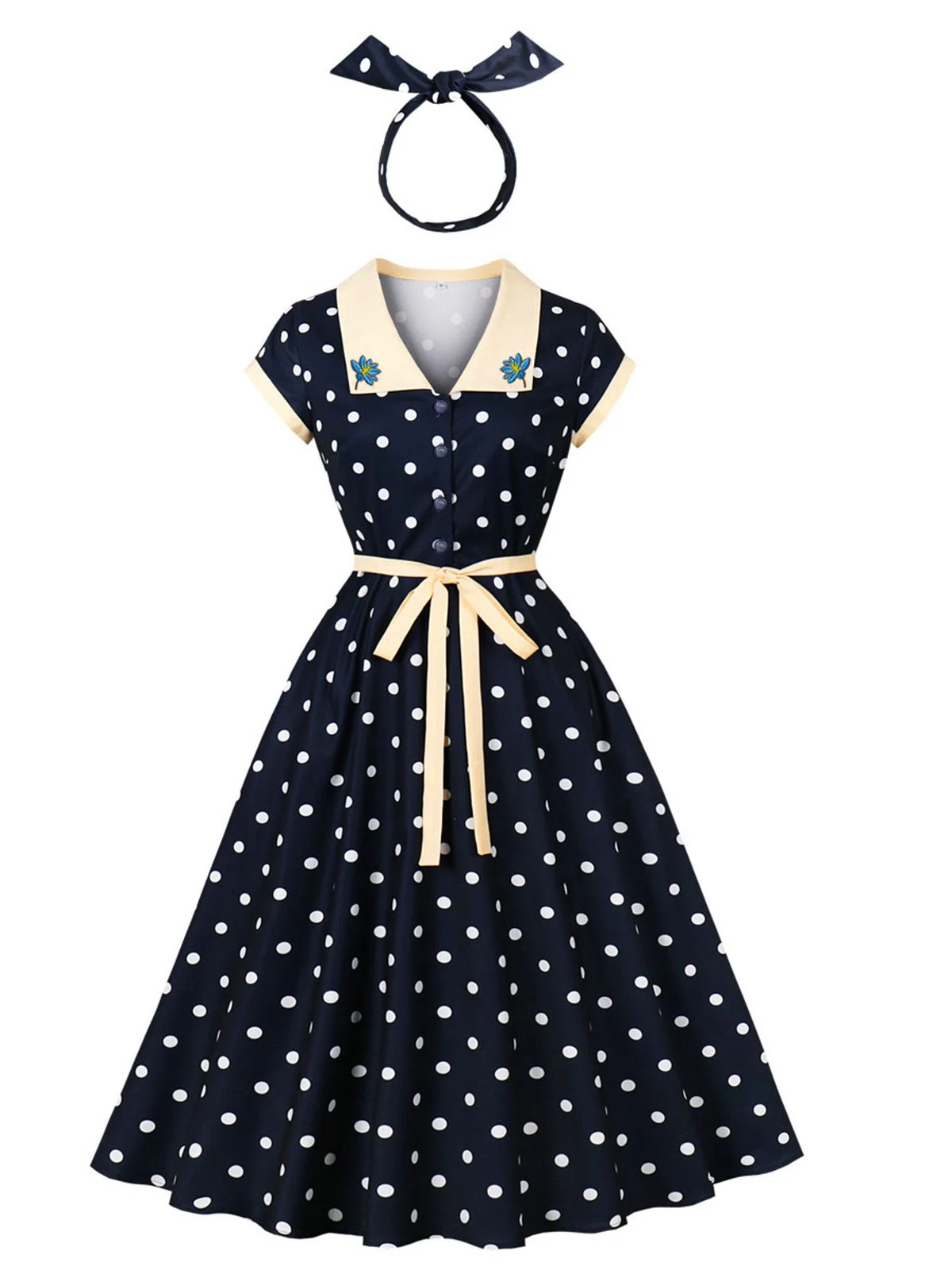 Blue 1950s Polka Dot Embroidered Floral Swing Dress - Image 2