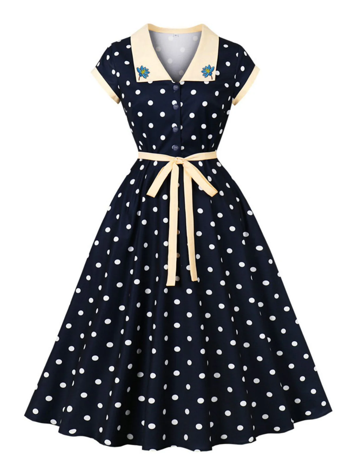 Blue 1950s Polka Dot Embroidered Floral Swing Dress - Image 3